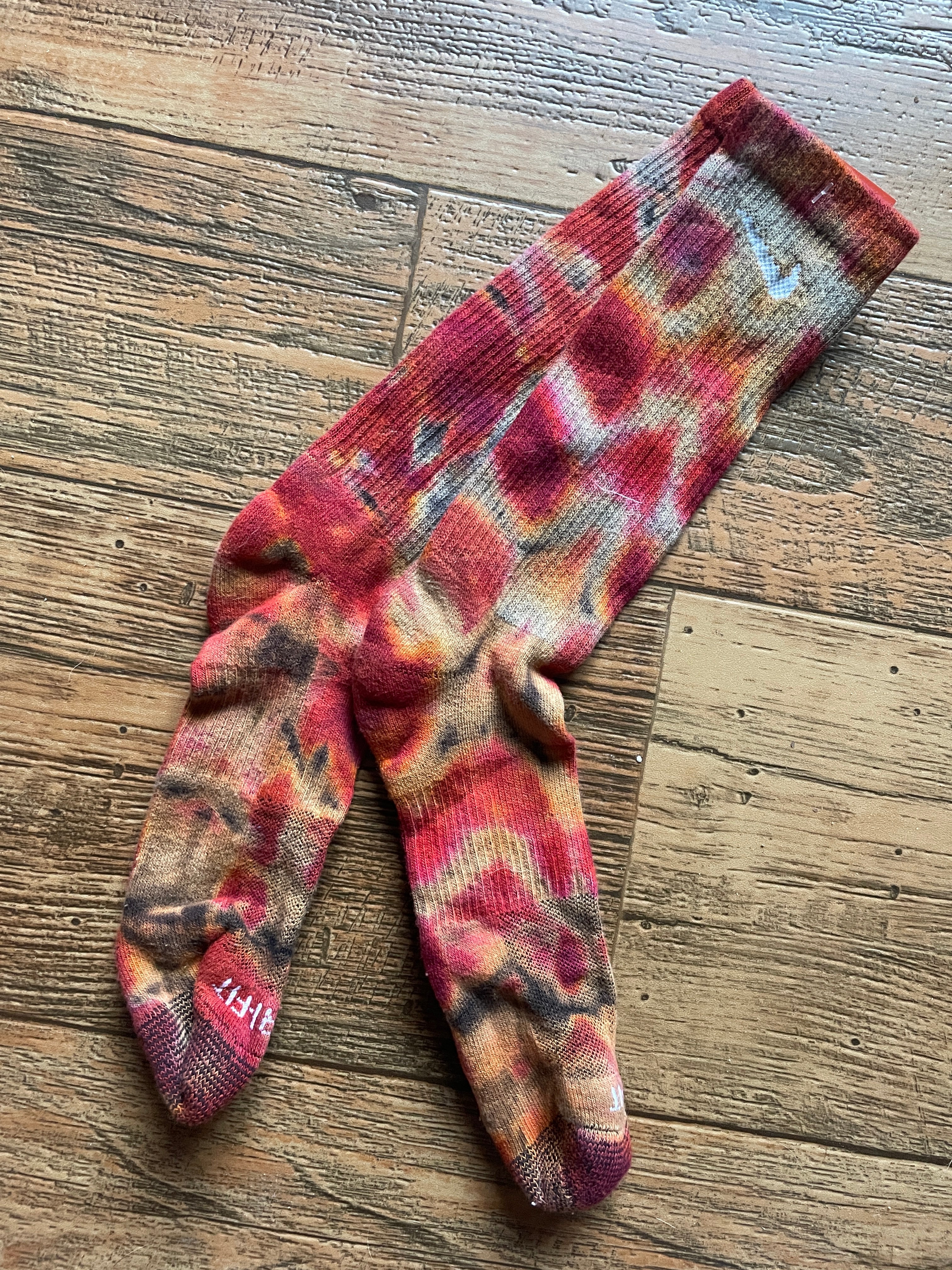 Red and Black Acid Dye Socks | One-of-a-Kind Nike Dri-FIT Everyday Plus Training Socks | Size Large (Men's 9-12/Women's 10-13)