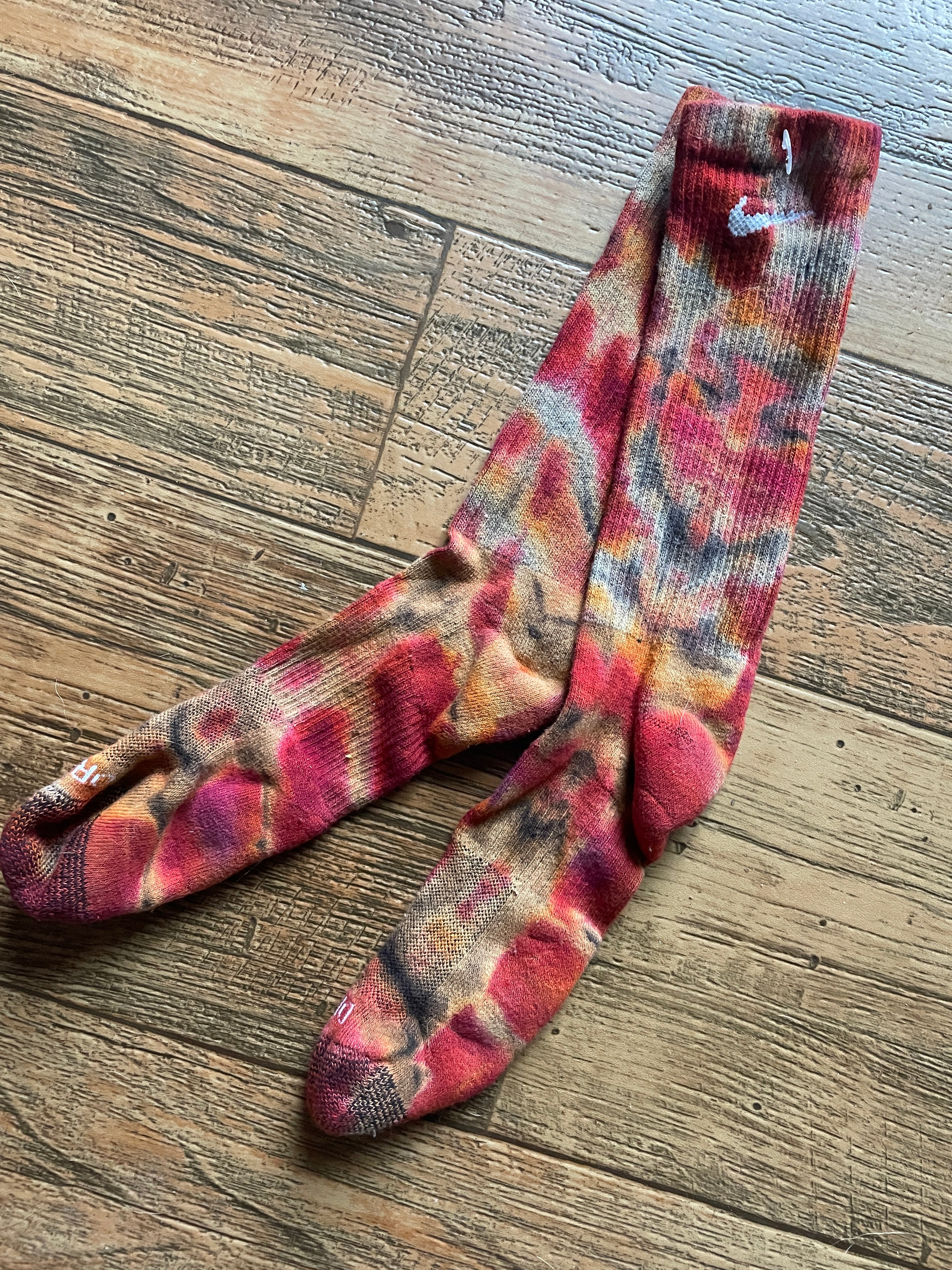 Red and Black Acid Dye Socks | One-of-a-Kind Nike Dri-FIT Everyday Plus Training Socks | Size Large (Men's 9-12/Women's 10-13)