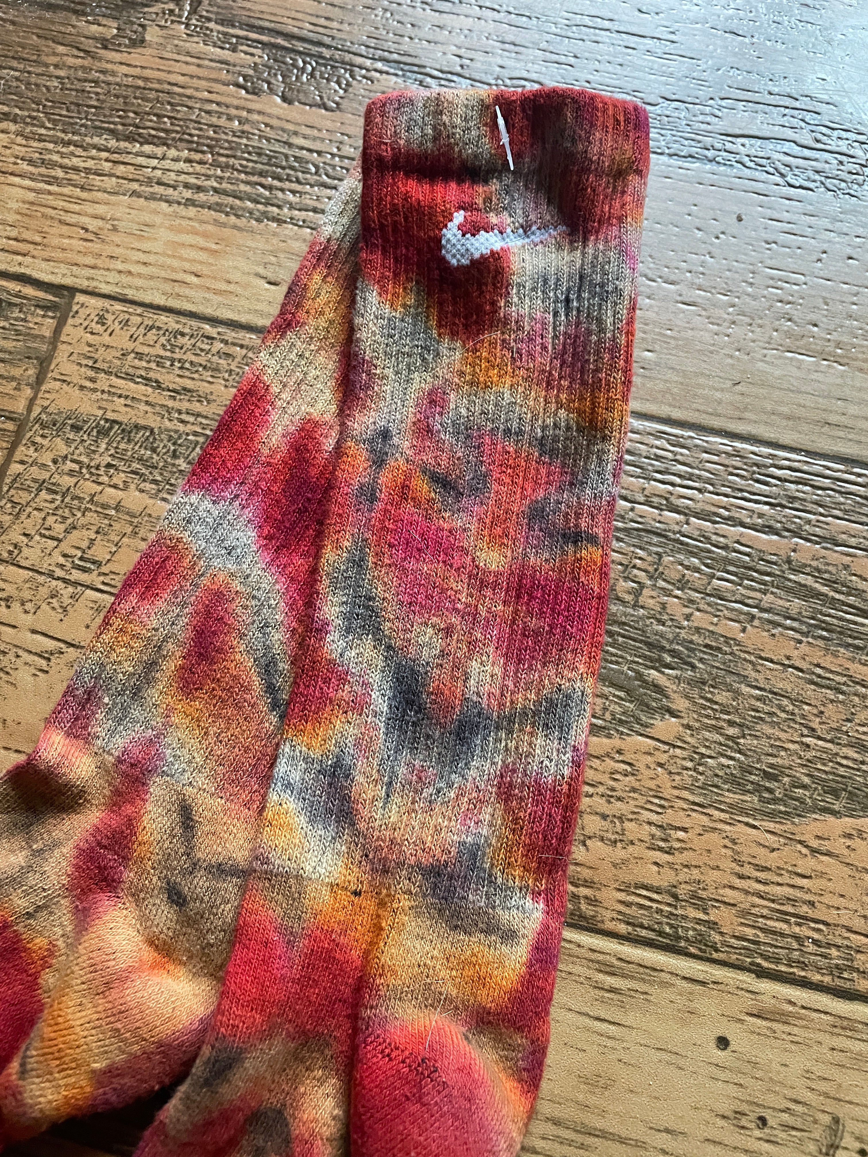 Red and Black Acid Dye Socks | One-of-a-Kind Nike Dri-FIT Everyday Plus Training Socks | Size Large (Men's 9-12/Women's 10-13)