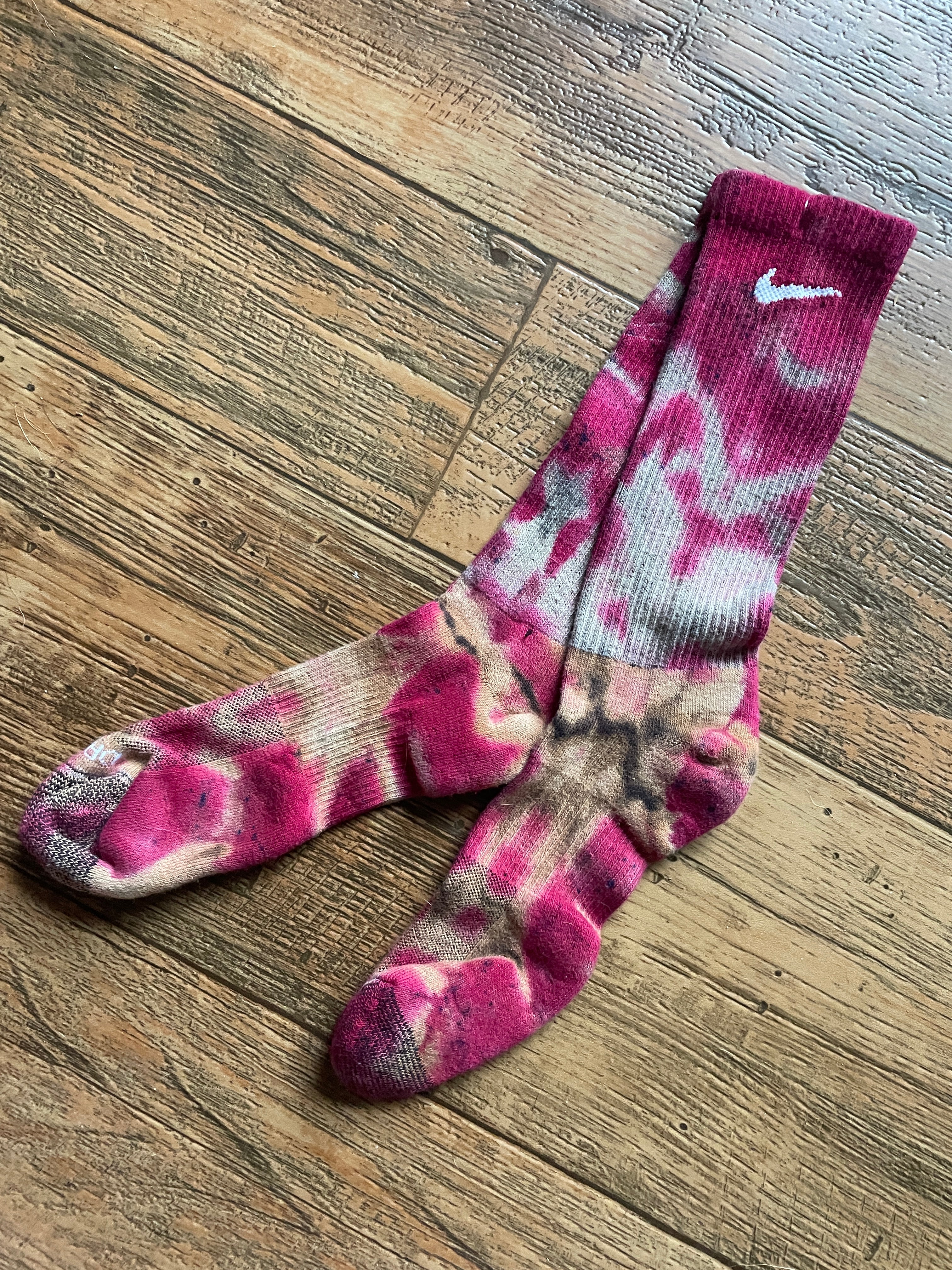 Pink and Black Acid Dye Socks | One-of-a-Kind Nike Dri-FIT Everyday Plus Training Socks | Size Large (Men's 9-12/Women's 10-13)