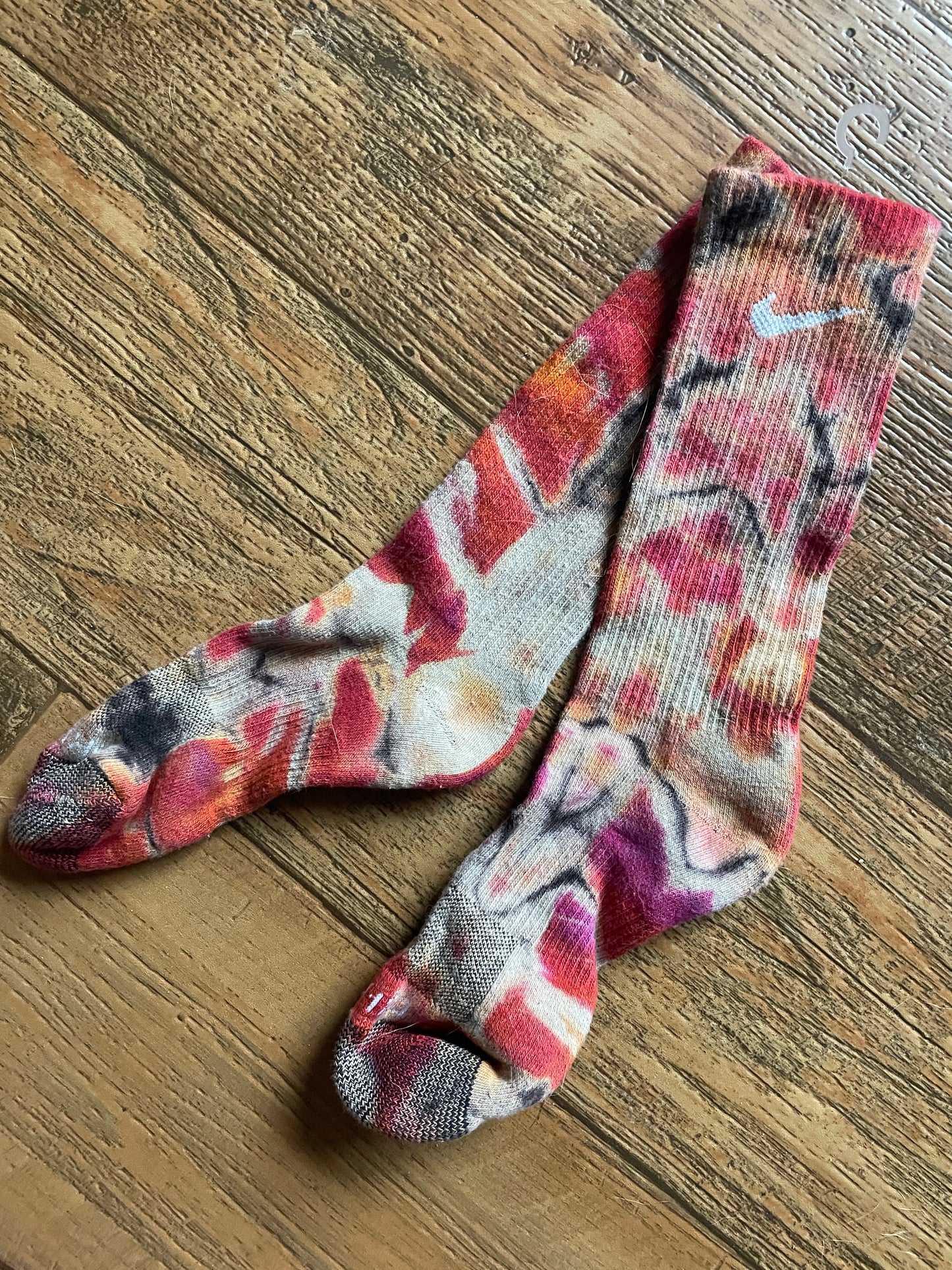 Red and Black Acid Dye Socks | One-of-a-Kind Nike Dri-FIT Everyday Plus Training Socks | Size Medium (Men's 6-8/Women's 6-10)