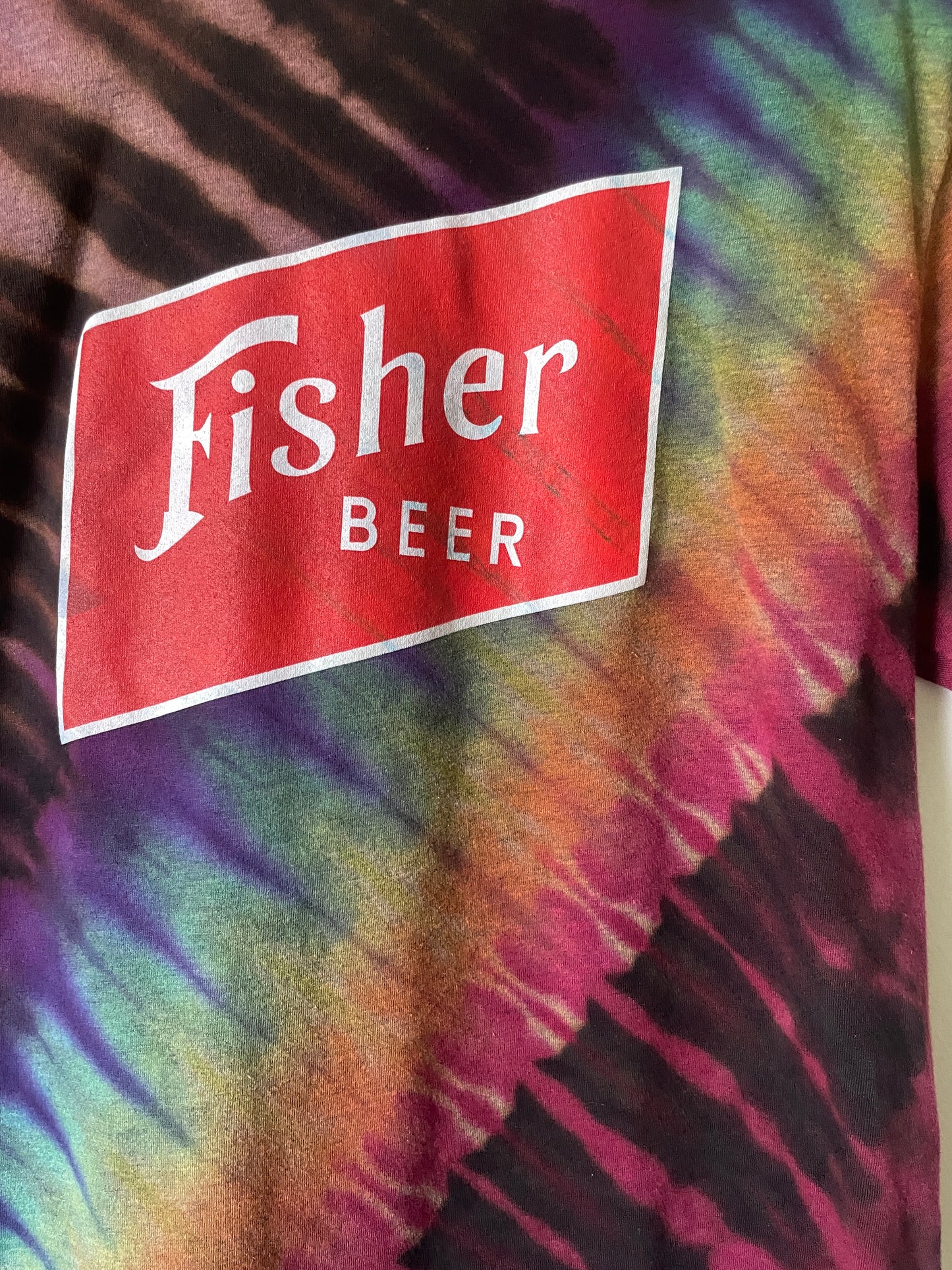 Medium Men’s Fisher Beer Handmade Reverse Tie Dye Short Sleeve T-Shirt | One-Of-a-Kind Upcycled Black and Rainbow Tie Dye Top