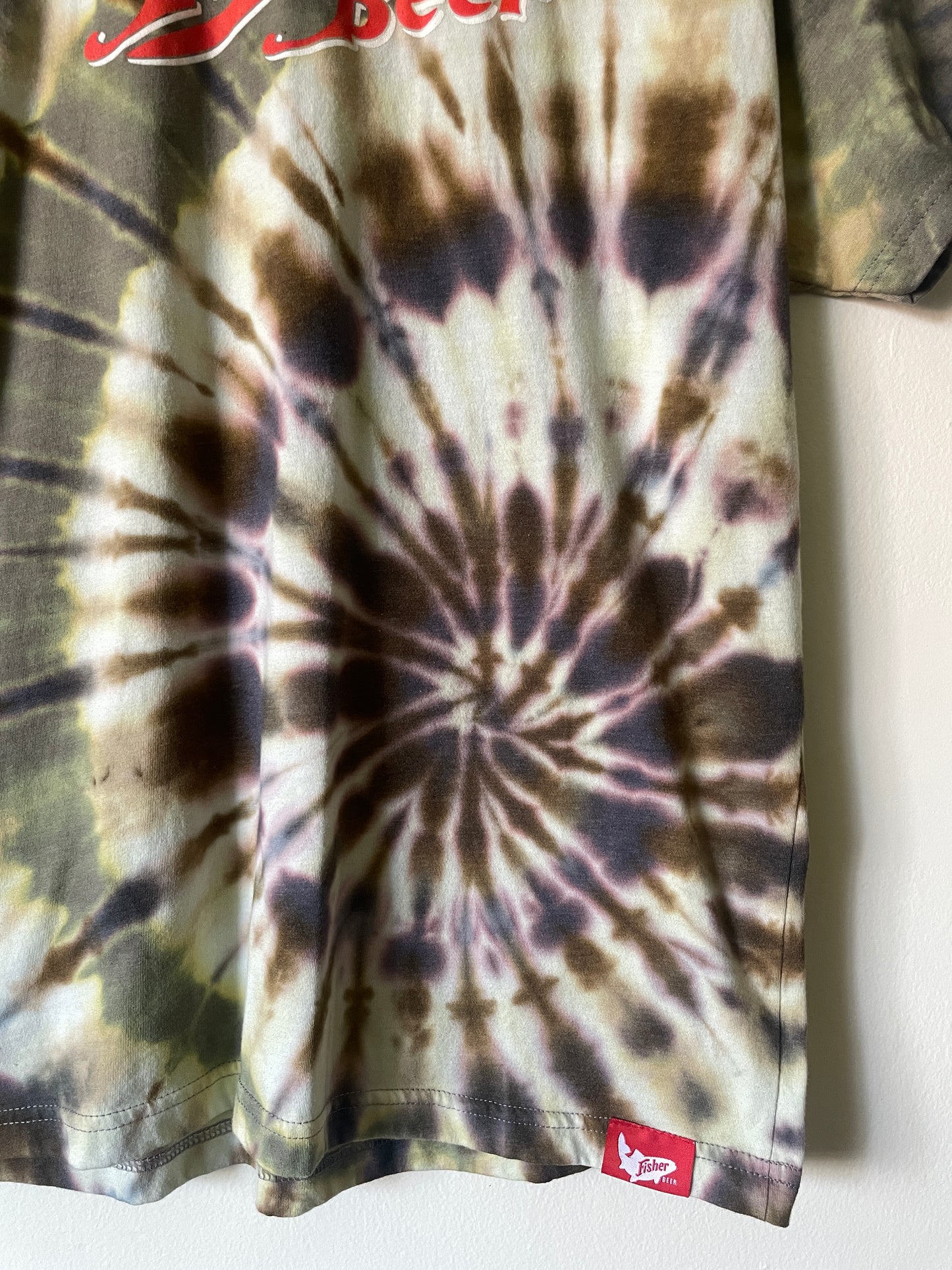Medium Men’s Fisher Beer Handmade Reverse Tie Dye Short Sleeve T-Shirt | One-Of-a-Kind Upcycled Black and Rainbow Tie Dye Top