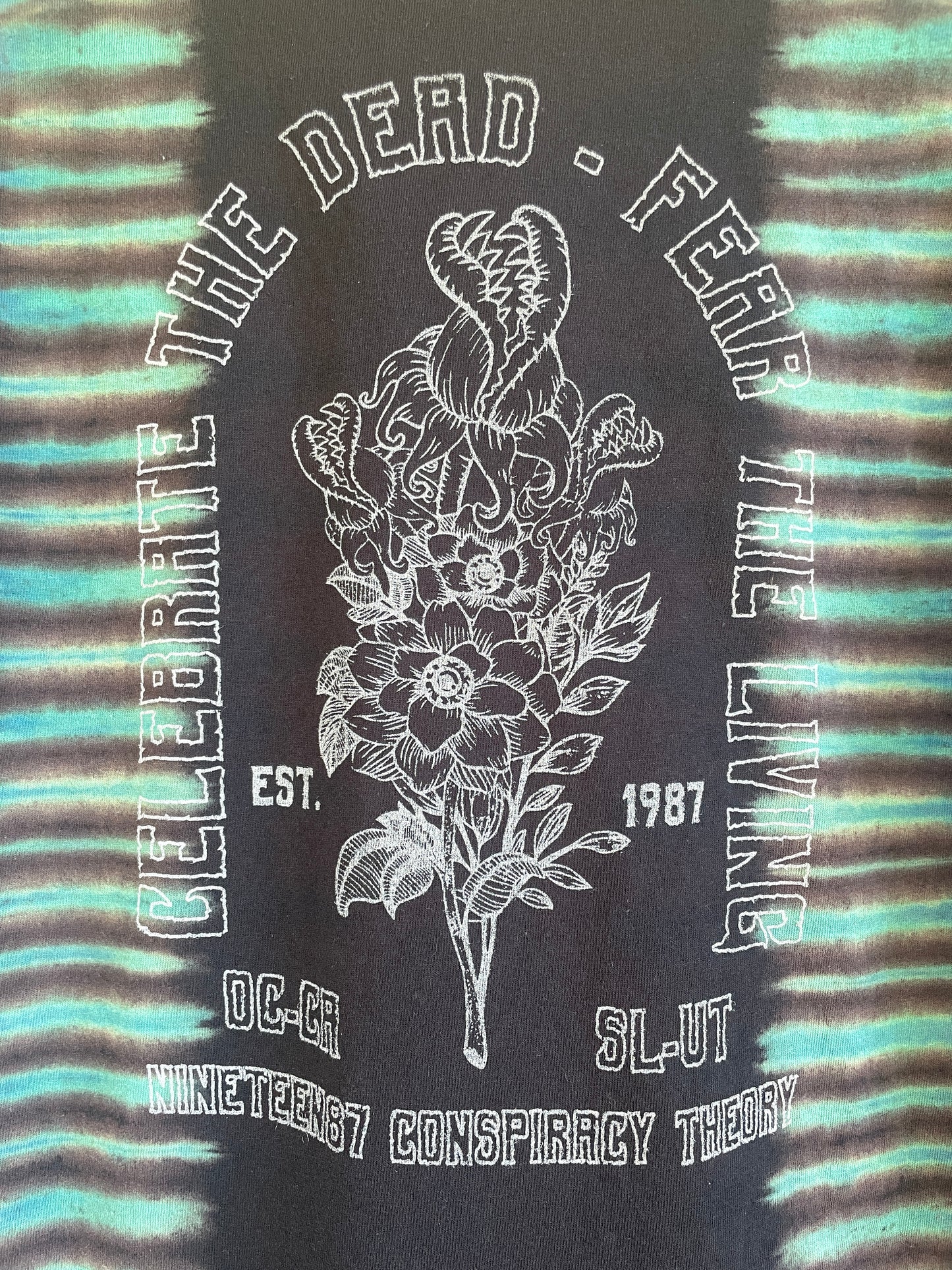 Medium Men's Venus Fly Trap Death Bouquet Handmade Tie Dye T-Shirt | One-Of-a-Kind Upcycled Black and Blue Short Sleeve Shirt