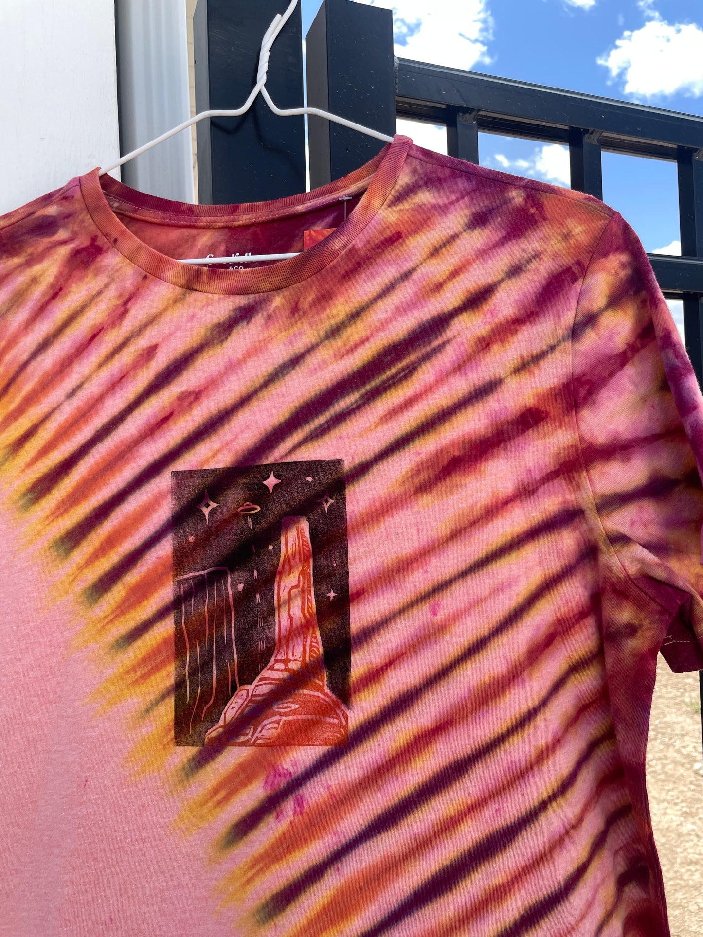 Medium Men's Castleton Tower Moab Utah Handmade Tie Dye Block-Printed T-Shirt | One-Of-a-Kind Upcycled Orange and Pink Desert Sunset Short Sleeve Shirt