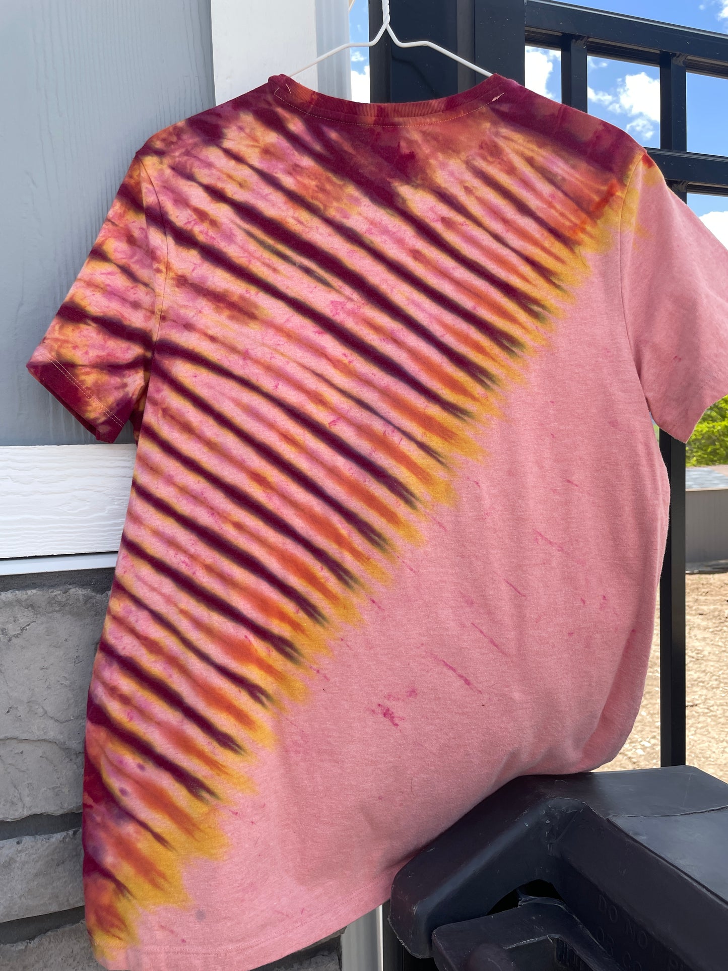 Medium Men's Castleton Tower Moab Utah Handmade Tie Dye Block-Printed T-Shirt | One-Of-a-Kind Upcycled Orange and Pink Desert Sunset Short Sleeve Shirt