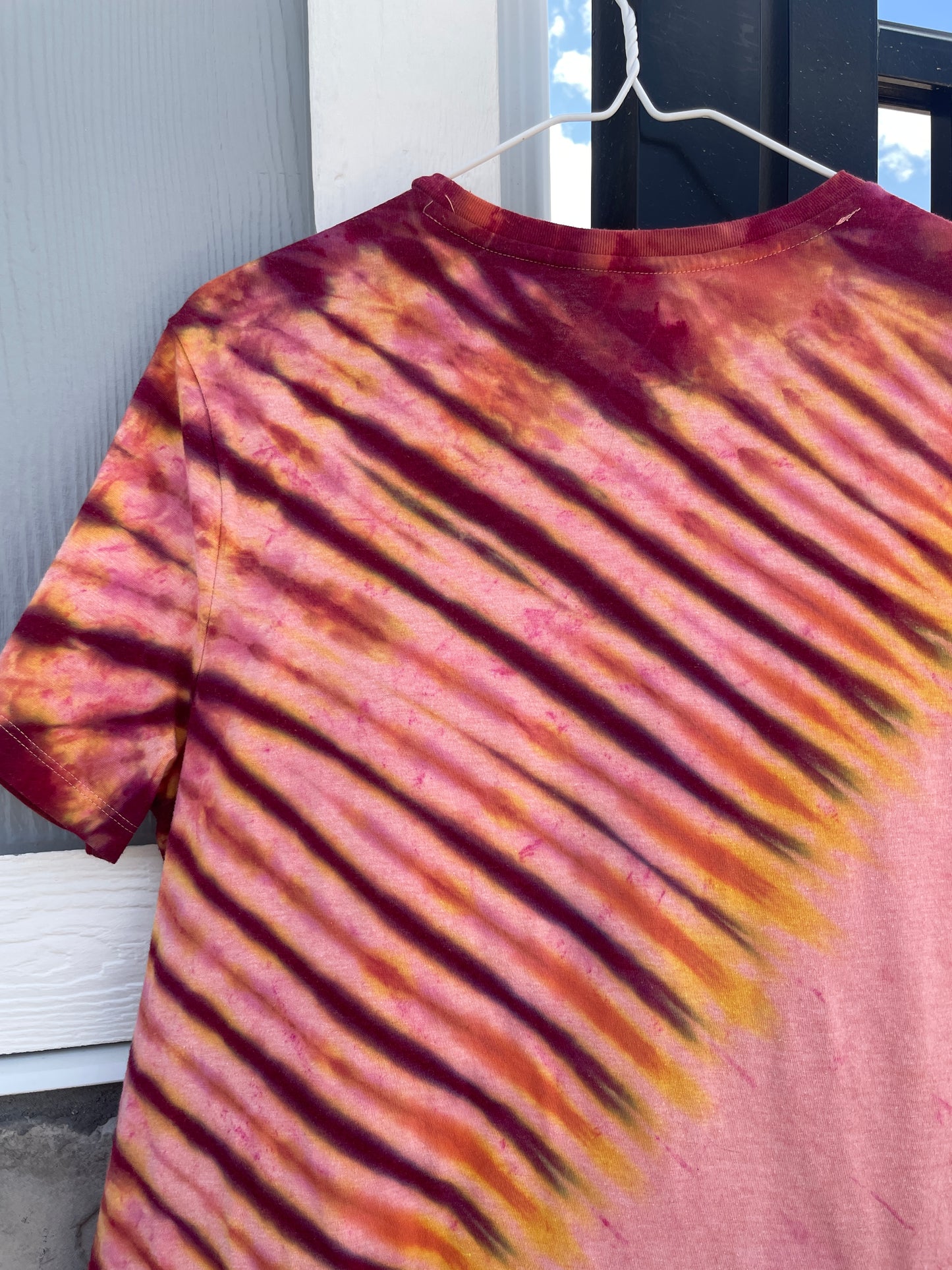 Medium Men's Castleton Tower Moab Utah Handmade Tie Dye Block-Printed T-Shirt | One-Of-a-Kind Upcycled Orange and Pink Desert Sunset Short Sleeve Shirt