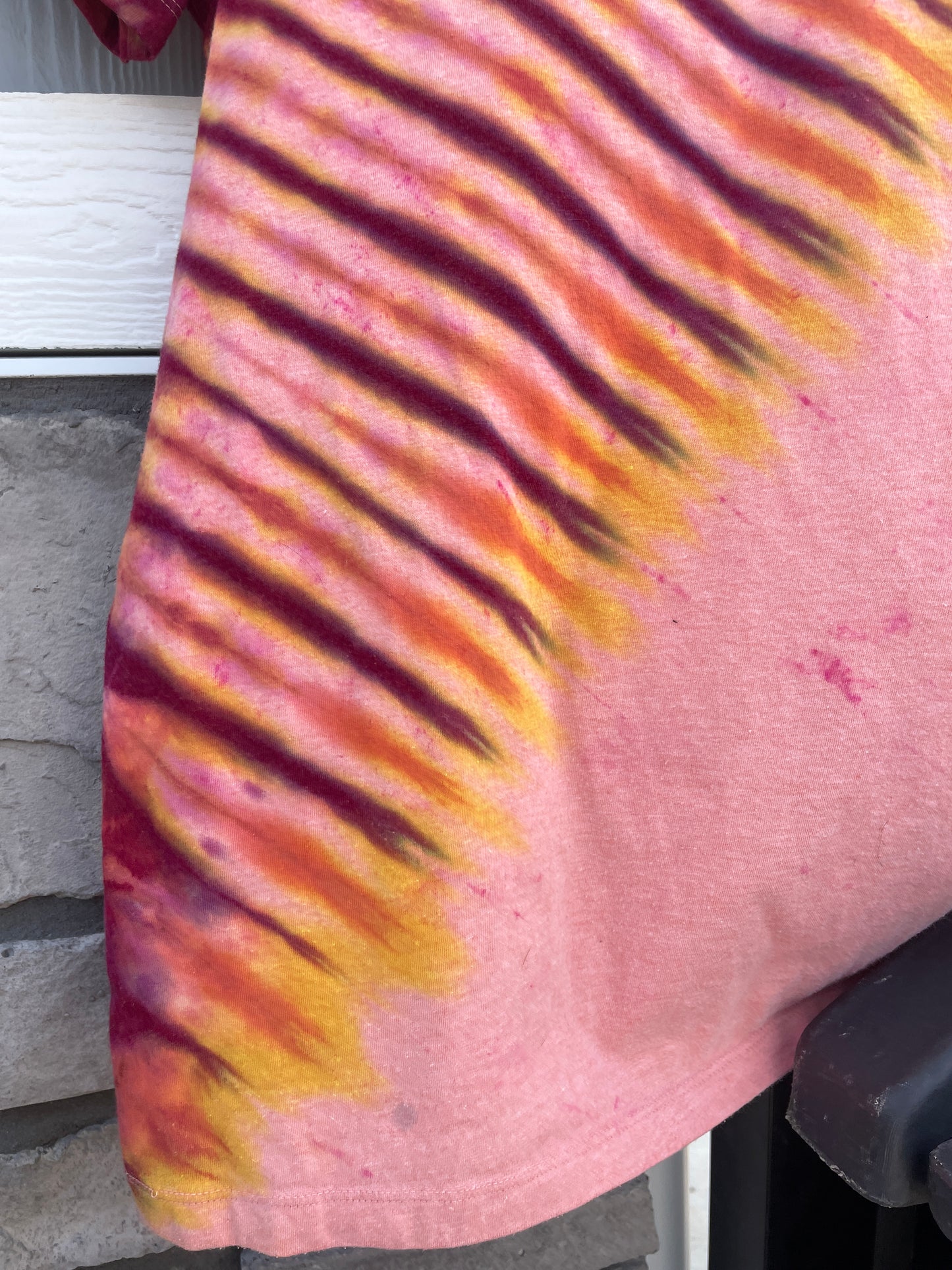 Medium Men's Castleton Tower Moab Utah Handmade Tie Dye Block-Printed T-Shirt | One-Of-a-Kind Upcycled Orange and Pink Desert Sunset Short Sleeve Shirt