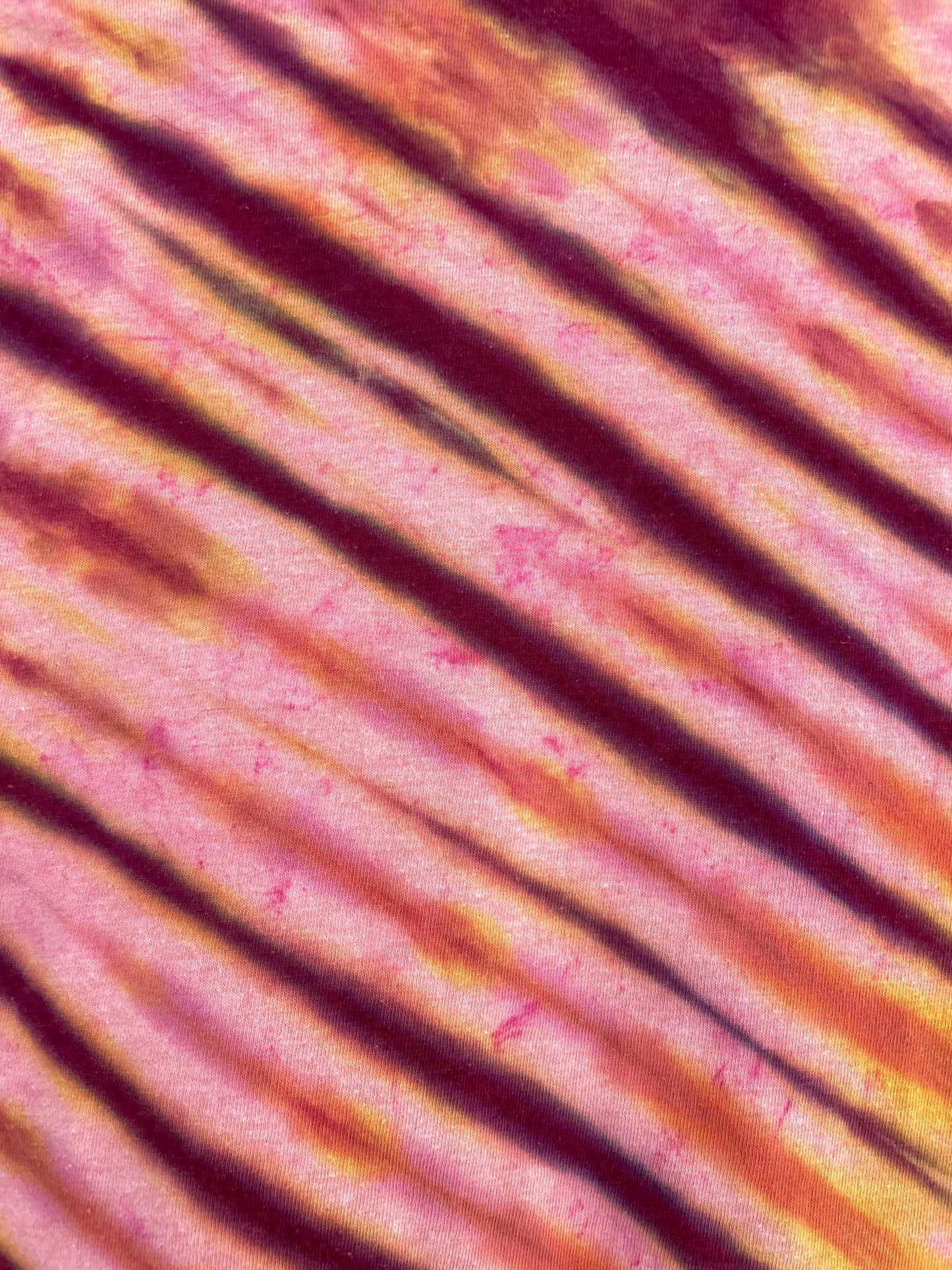 Medium Men's Castleton Tower Moab Utah Handmade Tie Dye Block-Printed T-Shirt | One-Of-a-Kind Upcycled Orange and Pink Desert Sunset Short Sleeve Shirt