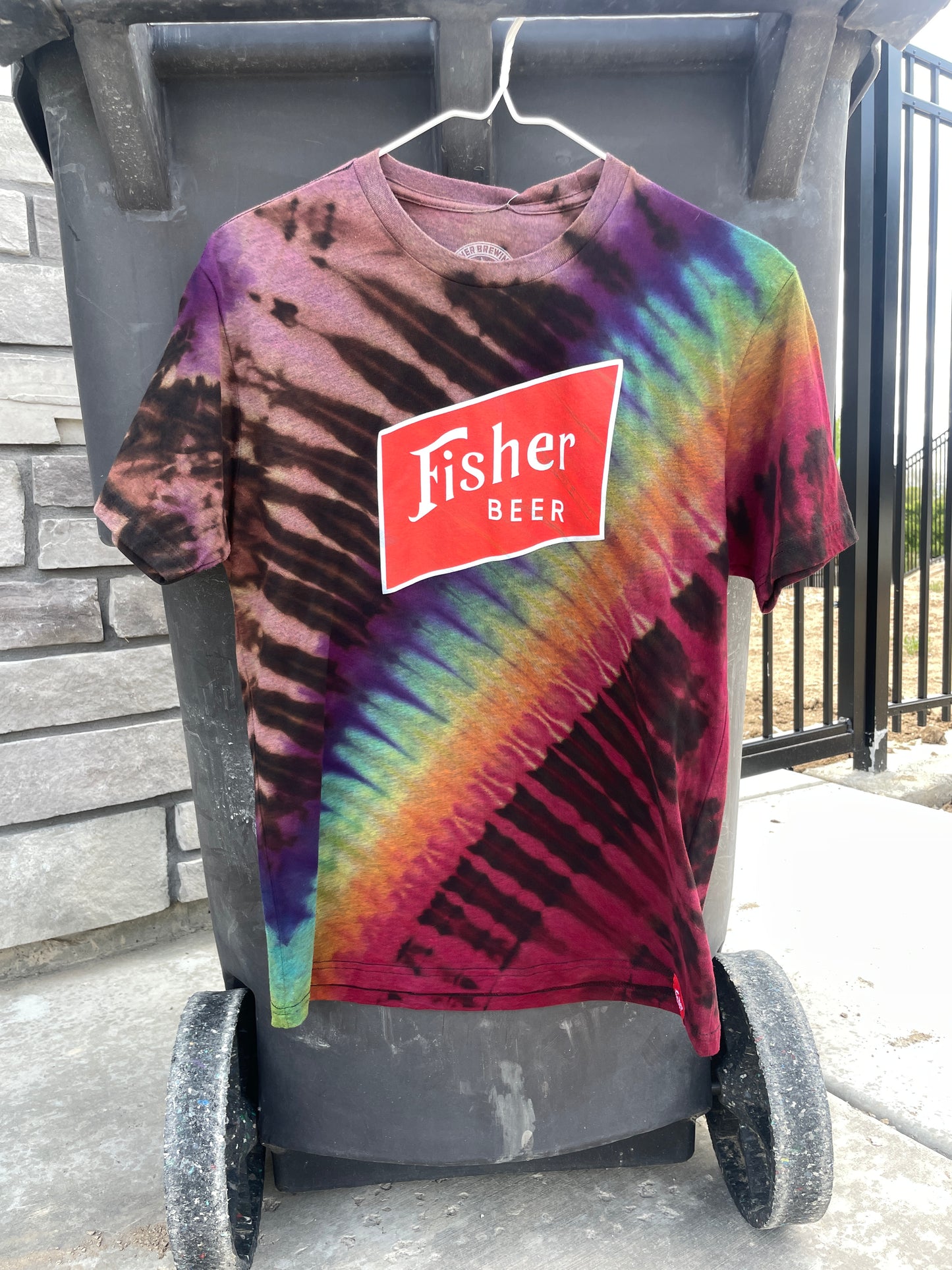 Medium Men’s Fisher Beer Handmade Reverse Tie Dye Short Sleeve T-Shirt | One-Of-a-Kind Upcycled Black and Rainbow Tie Dye Top