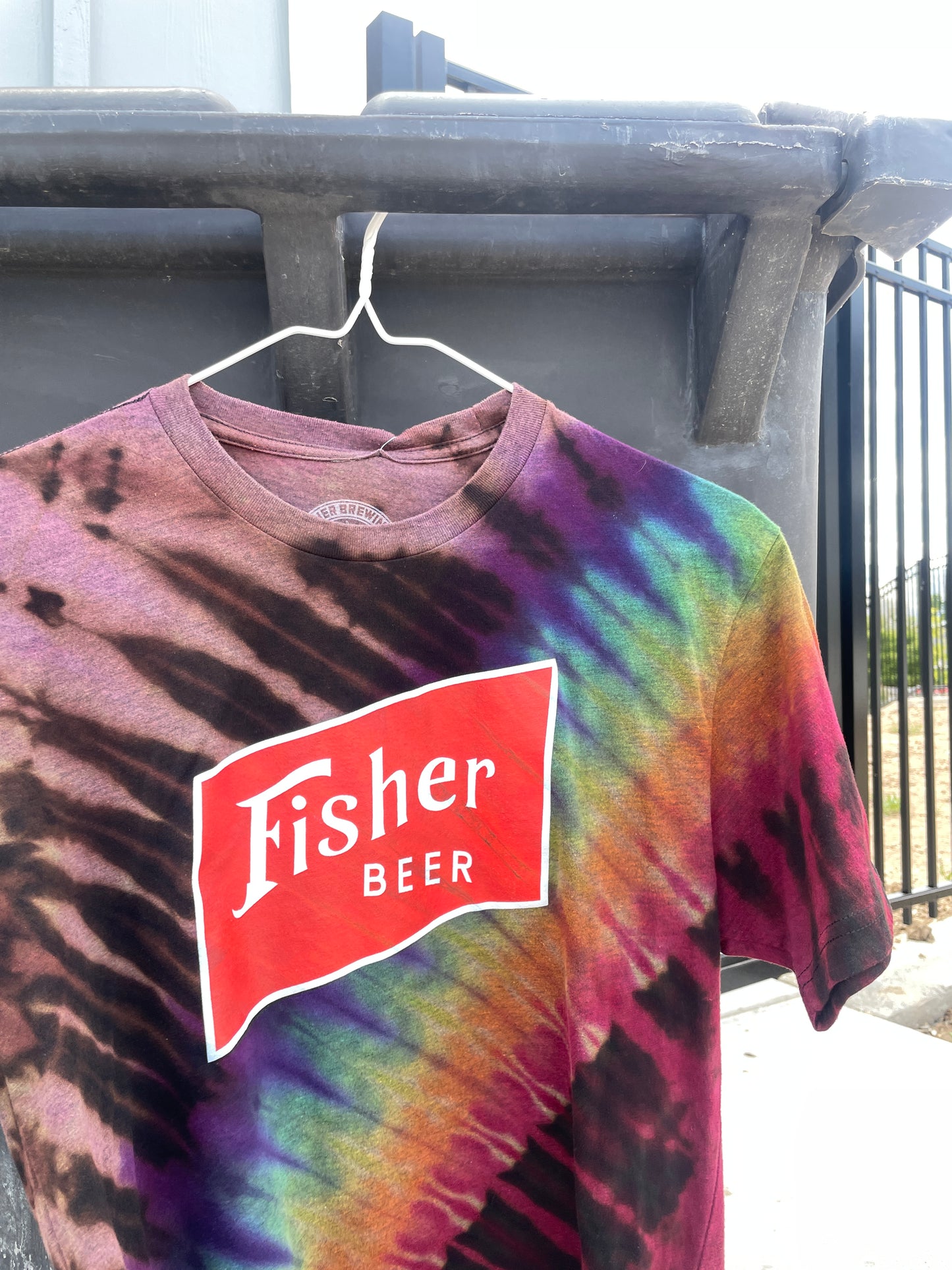 Medium Men’s Fisher Beer Handmade Reverse Tie Dye Short Sleeve T-Shirt | One-Of-a-Kind Upcycled Black and Rainbow Tie Dye Top