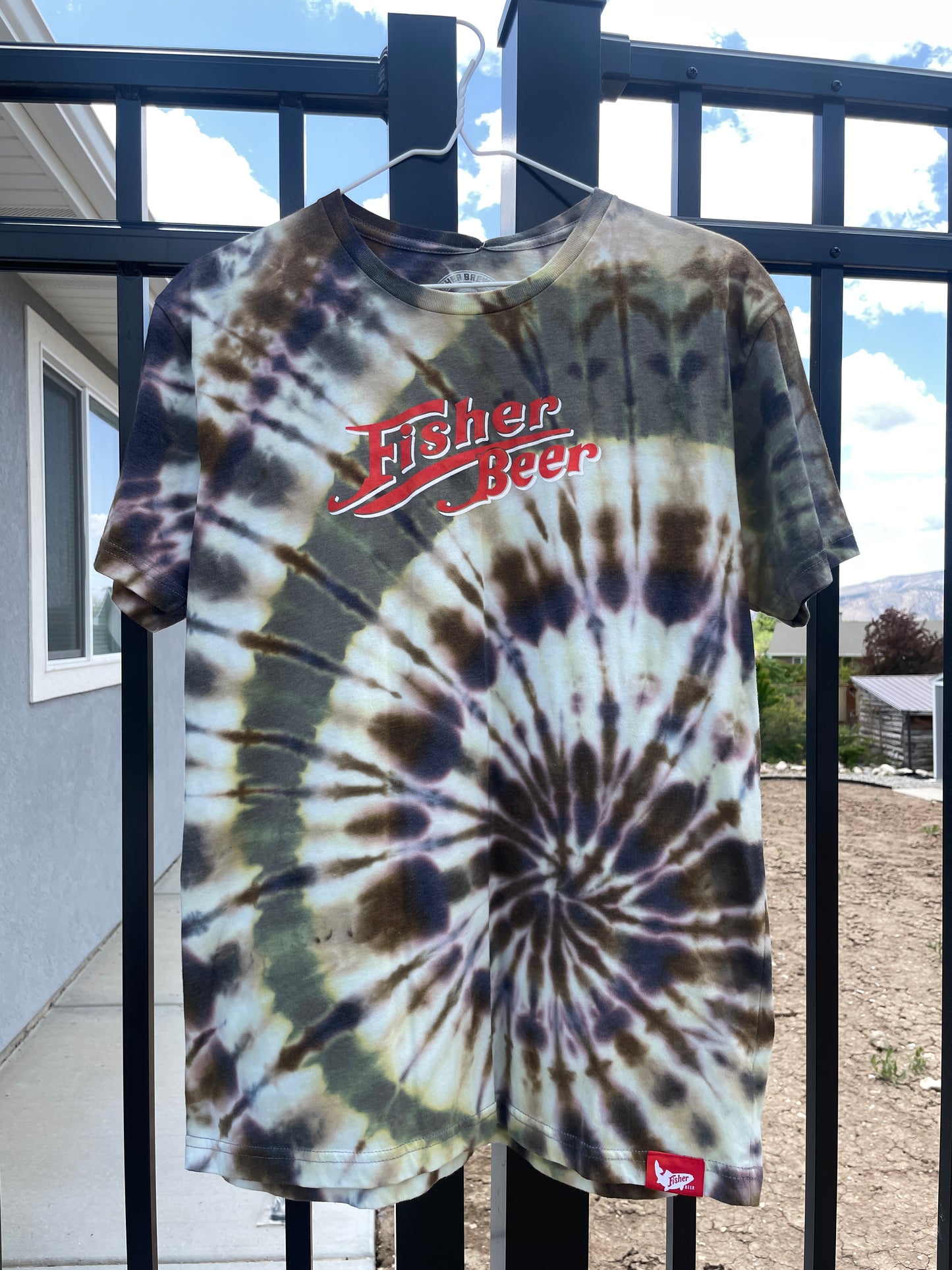 Medium Men’s Fisher Beer Handmade Reverse Tie Dye Short Sleeve T-Shirt | One-Of-a-Kind Upcycled Black and Rainbow Tie Dye Top