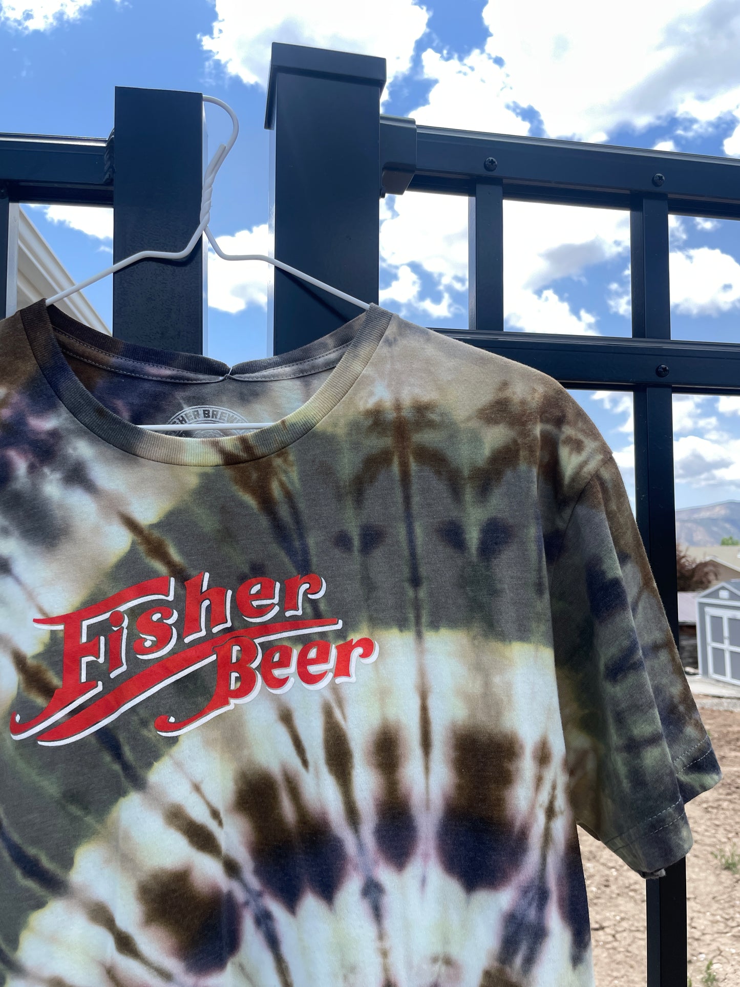 Medium Men’s Fisher Beer Handmade Reverse Tie Dye Short Sleeve T-Shirt | One-Of-a-Kind Upcycled Black and Rainbow Tie Dye Top