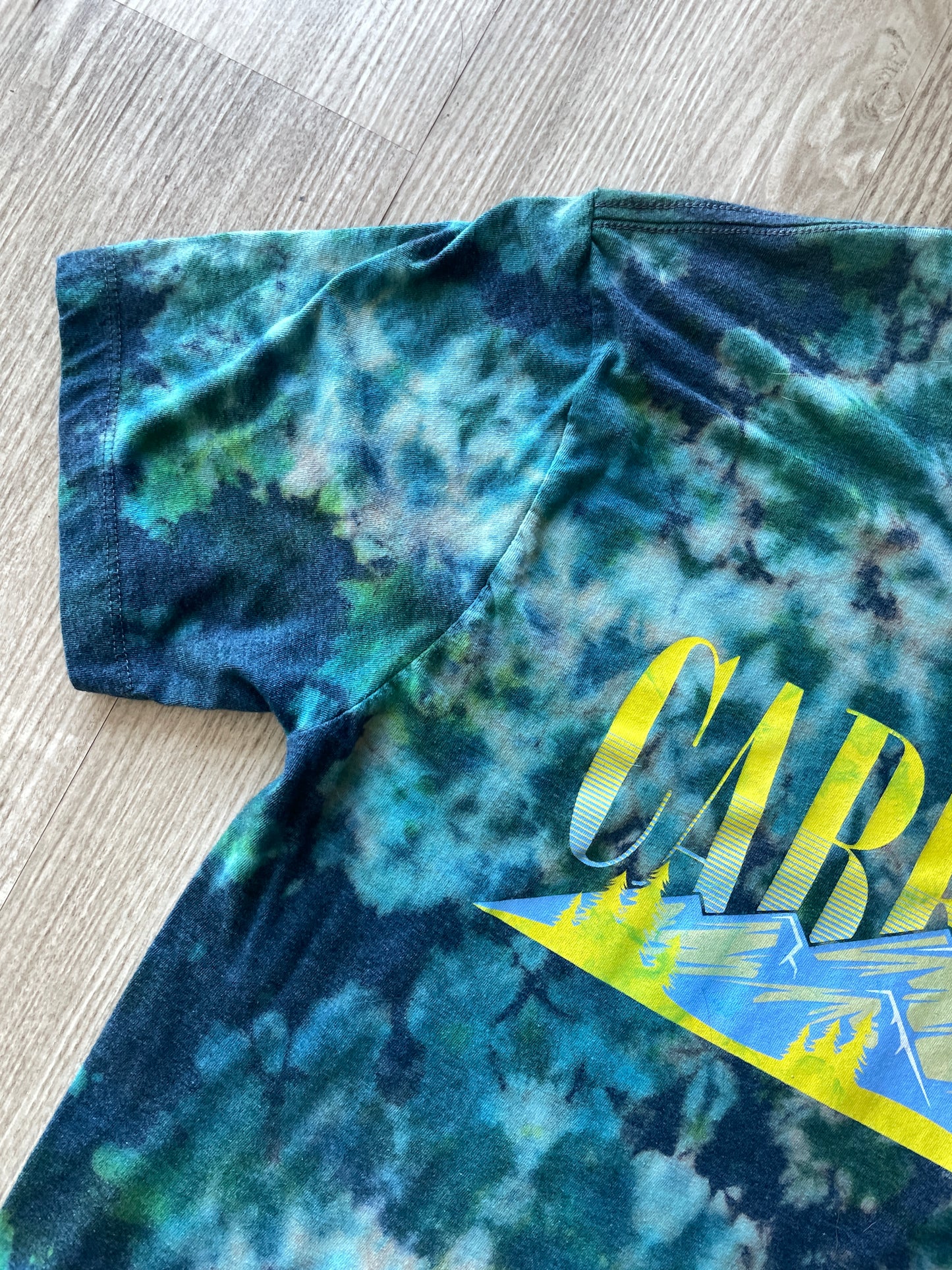 MEDIUM Men’s Cabela's Reverse Tie Dye Short Sleeve T-Shirt | One-Of-a-Kind Upcycled Blue and Green Crumpled Top