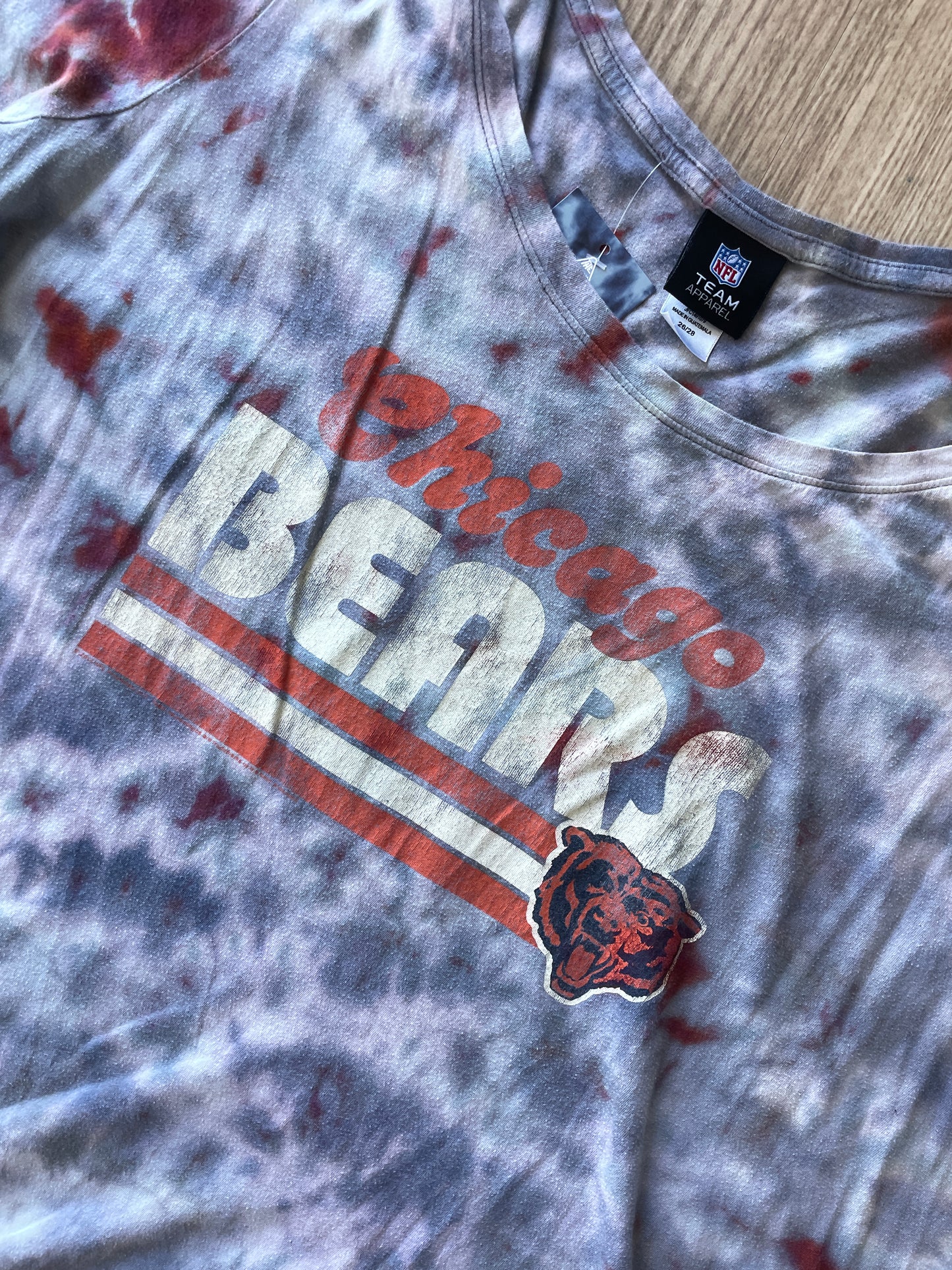 2XL Women’s Chicago Bears Handmade Galaxy Tie Dye Short Sleeve T-Shirt | One-Of-a-Kind Upcycled Gray and Orange Top