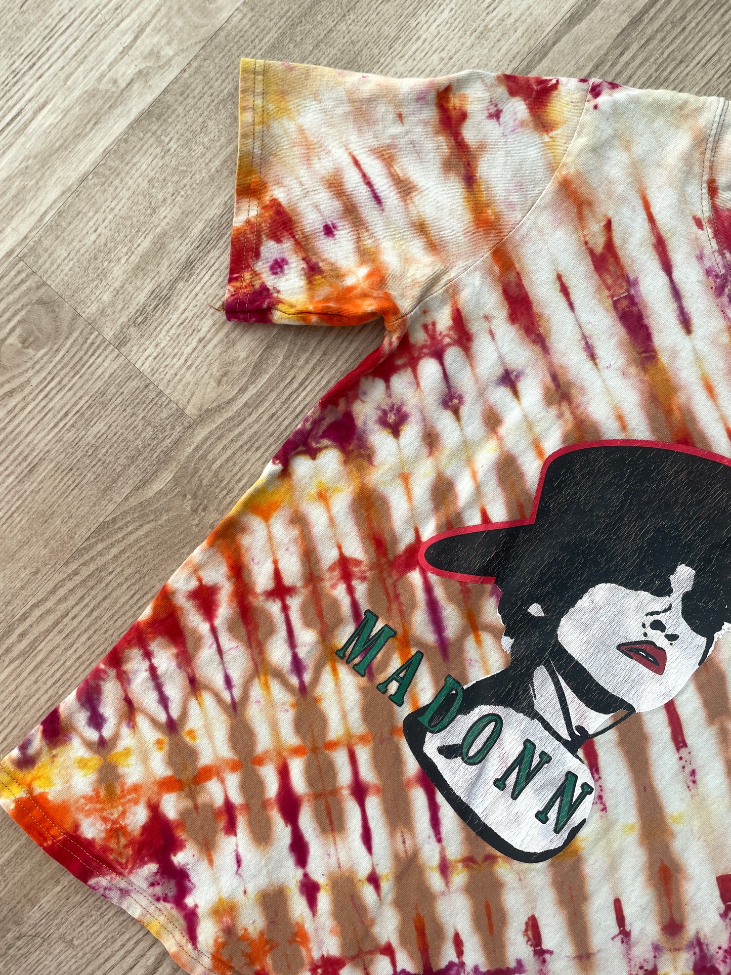 MEDIUM Youth Madonna Tie Dye Short Sleeve T-Shirt | One-Of-a-Kind Upcycled Tan and Red Pleated Top