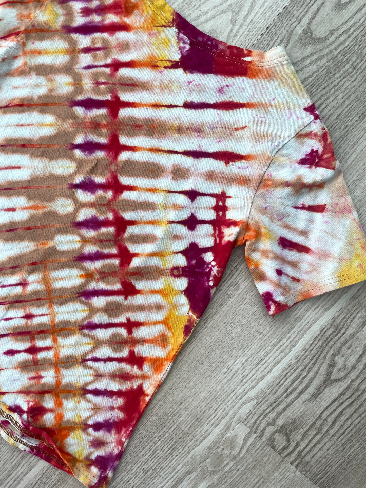 MEDIUM Youth Madonna Tie Dye Short Sleeve T-Shirt | One-Of-a-Kind Upcycled Tan and Red Pleated Top