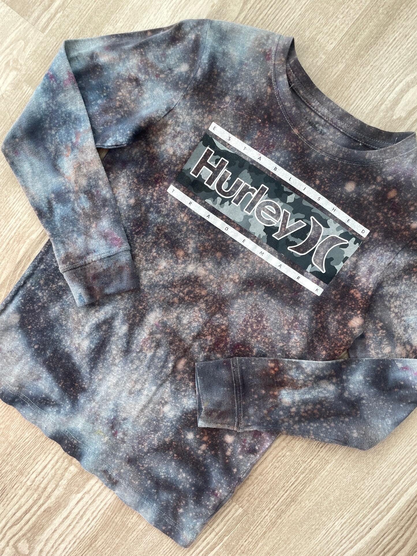 LARGE Youth Boys Hurley Handmade Galaxy Tie Dye Short Long Sleeve T-Shirt | One-Of-a-Kind Upcycled Black and Gray Ice Dye Top