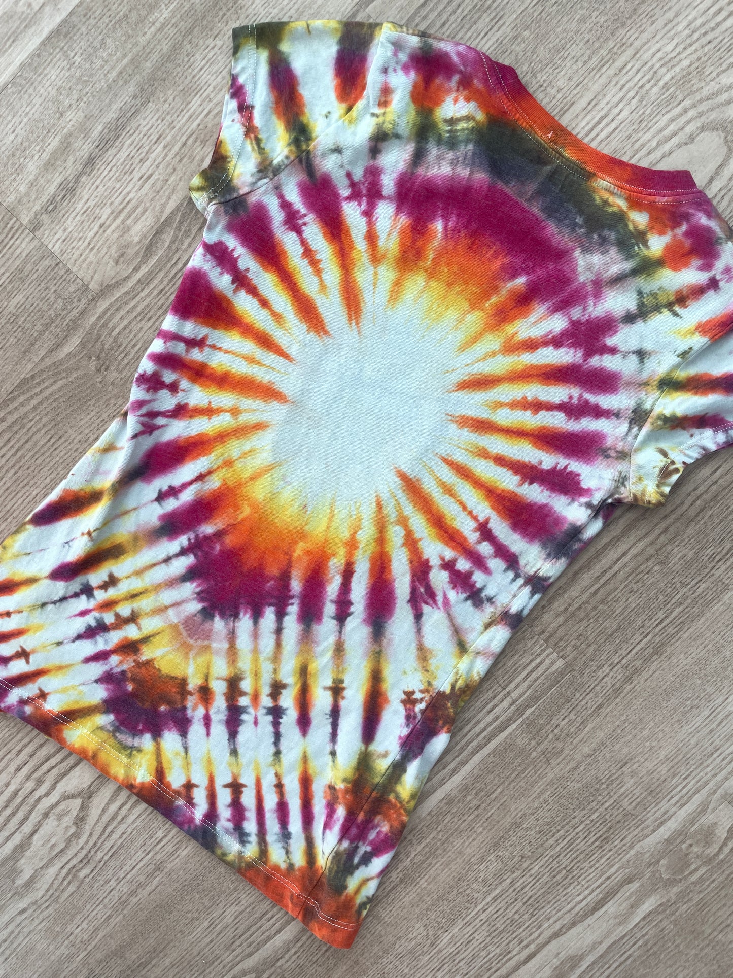 MEDIUM Juniors' Karate Kid Daniel LaRusso Tie Dye Short Sleeve T-Shirt | One-Of-a-Kind Upcycled Tan and Pink Pleated Top