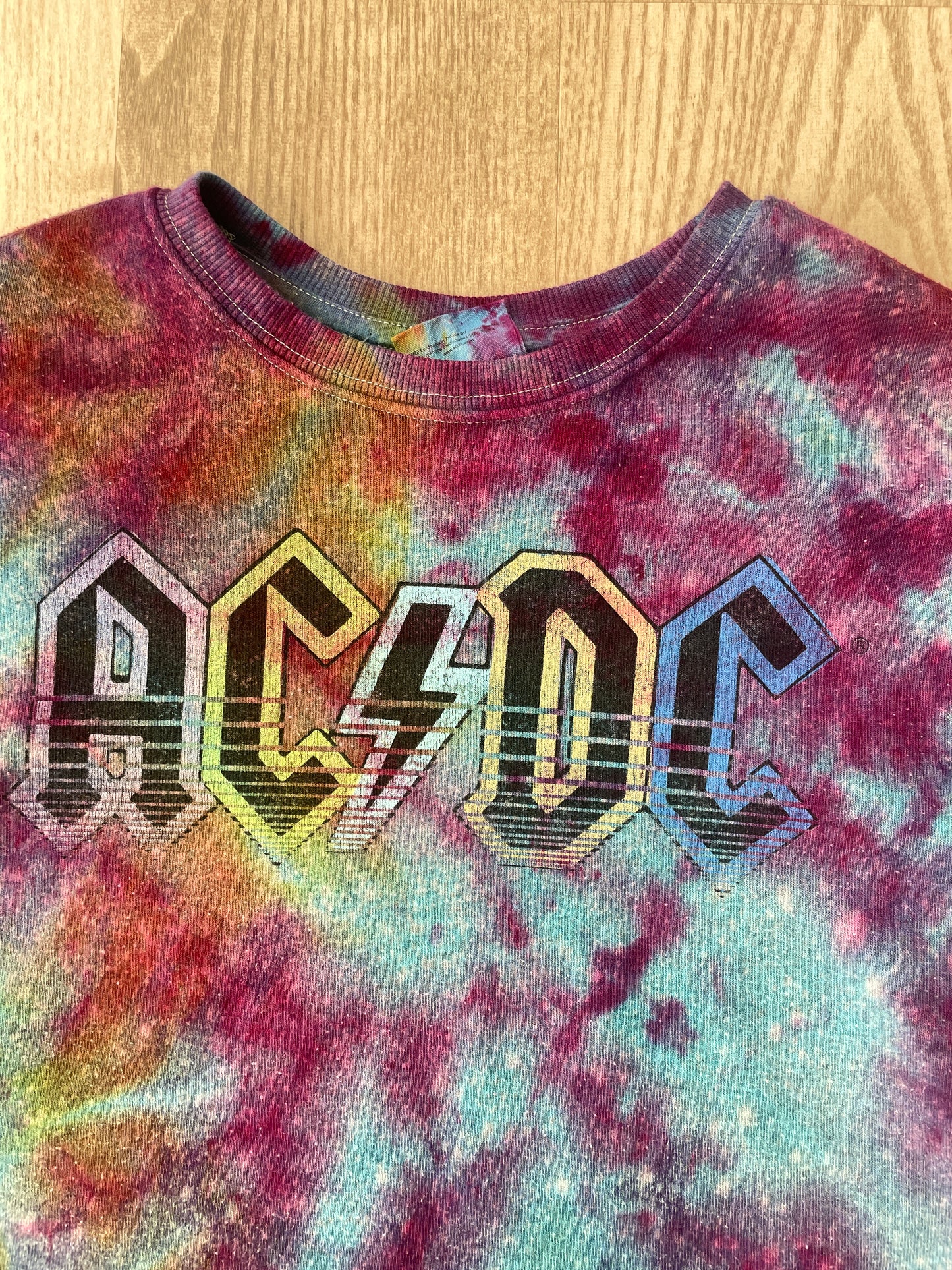 Medium Youth AC/DC Handmade Galaxy Tie Dye Cropped Length Sweatshirt | One-Of-a-Kind Upcycled Blue, Purple, and Pink Ice Dye Top