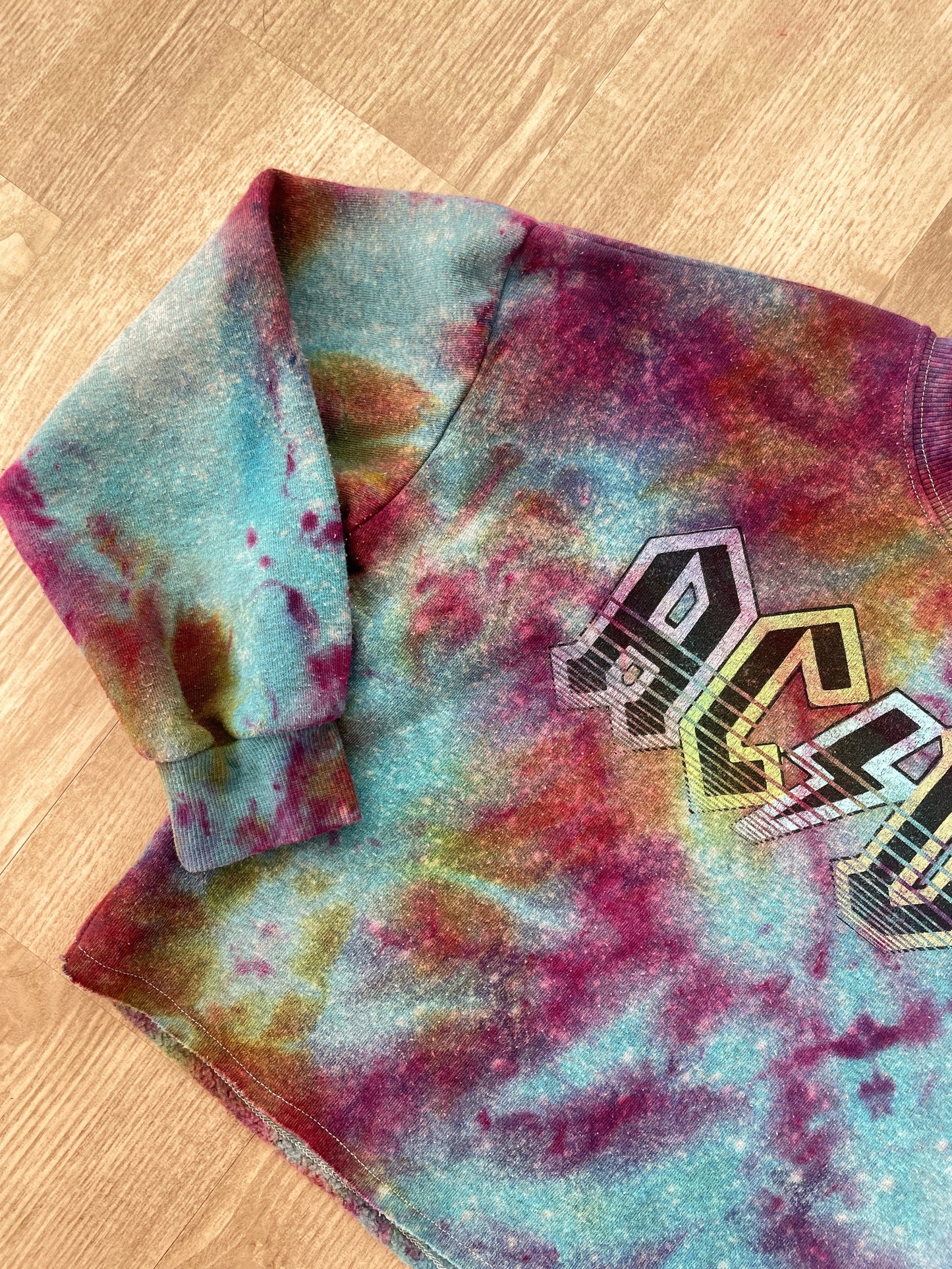 Medium Youth AC/DC Handmade Galaxy Tie Dye Cropped Length Sweatshirt | One-Of-a-Kind Upcycled Blue, Purple, and Pink Ice Dye Top
