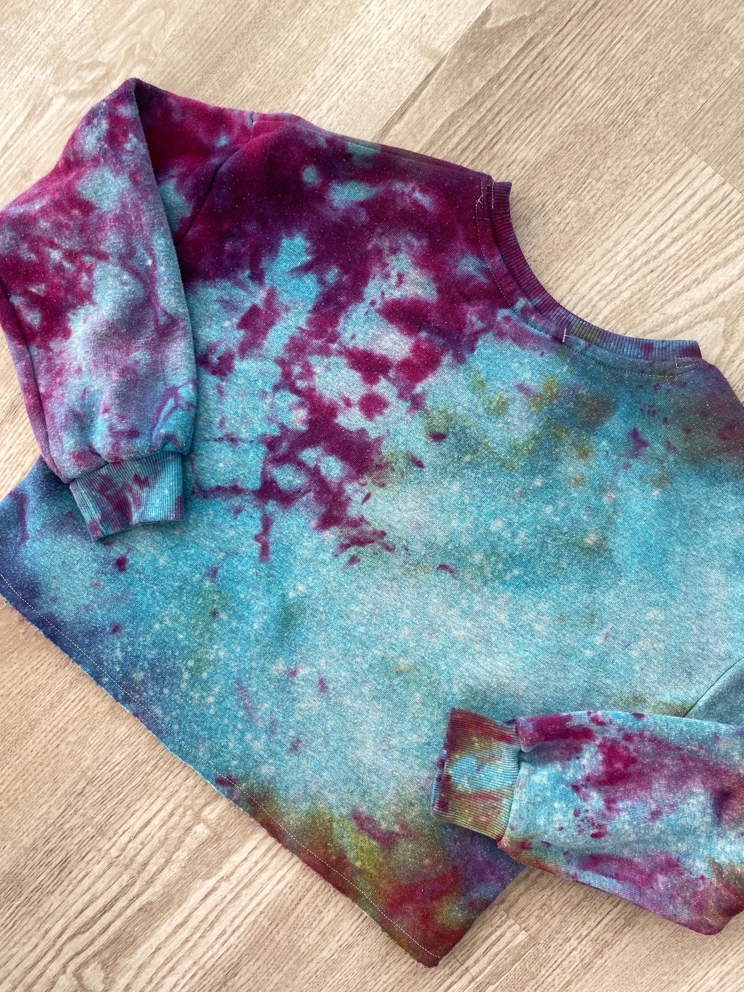 Medium Youth AC/DC Handmade Galaxy Tie Dye Cropped Length Sweatshirt | One-Of-a-Kind Upcycled Blue, Purple, and Pink Ice Dye Top