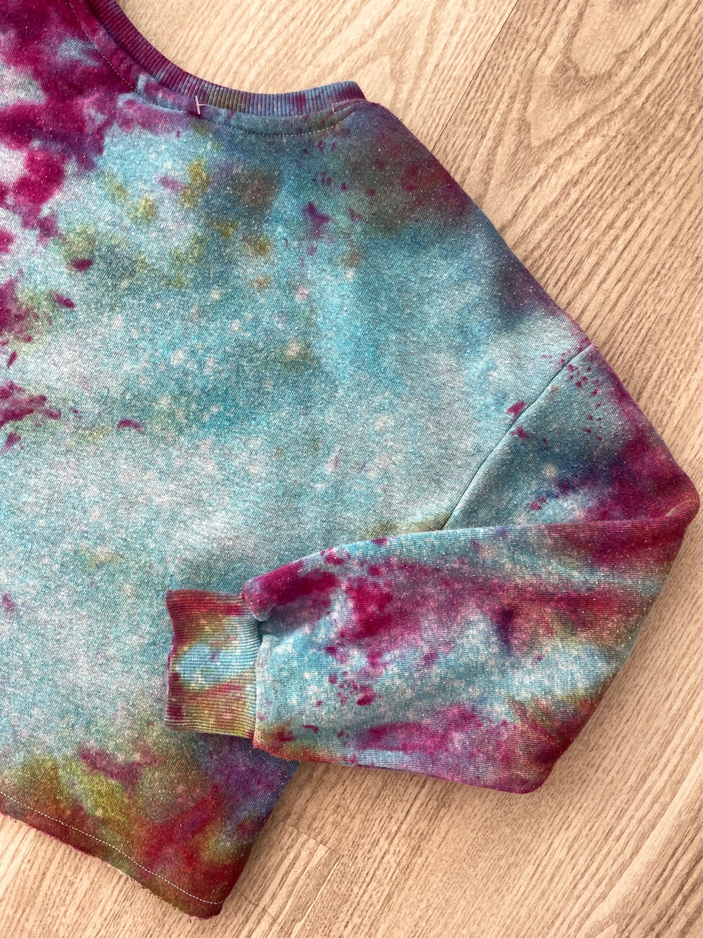 Medium Youth AC/DC Handmade Galaxy Tie Dye Cropped Length Sweatshirt | One-Of-a-Kind Upcycled Blue, Purple, and Pink Ice Dye Top