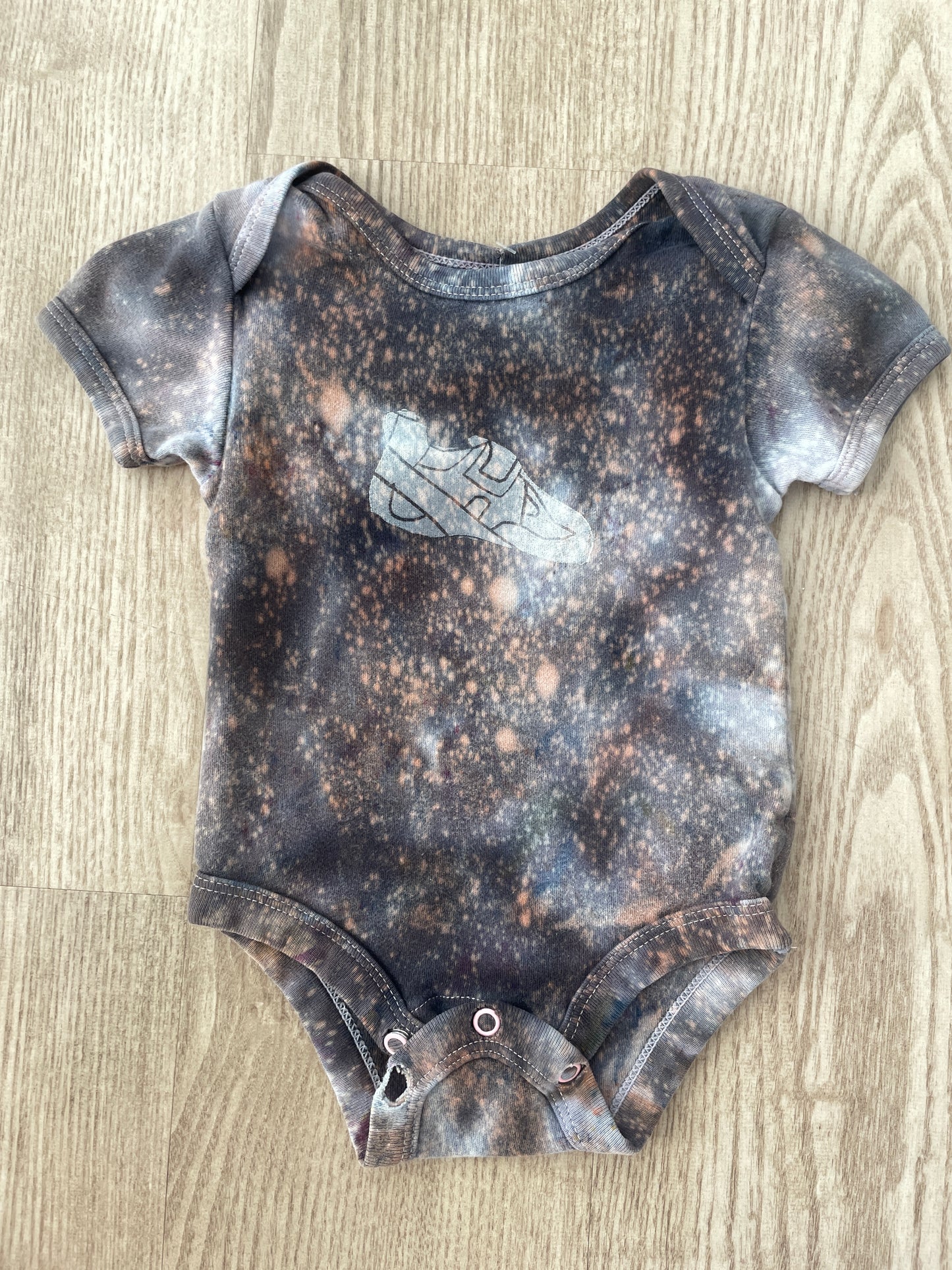6-9 Months Climbing Shoe Short Sleeve Baby Onesie | Handmade, Upcycled Tie Dye Cotton Onesie | Galaxy Ice Dyed Gray and White Baby Clothing