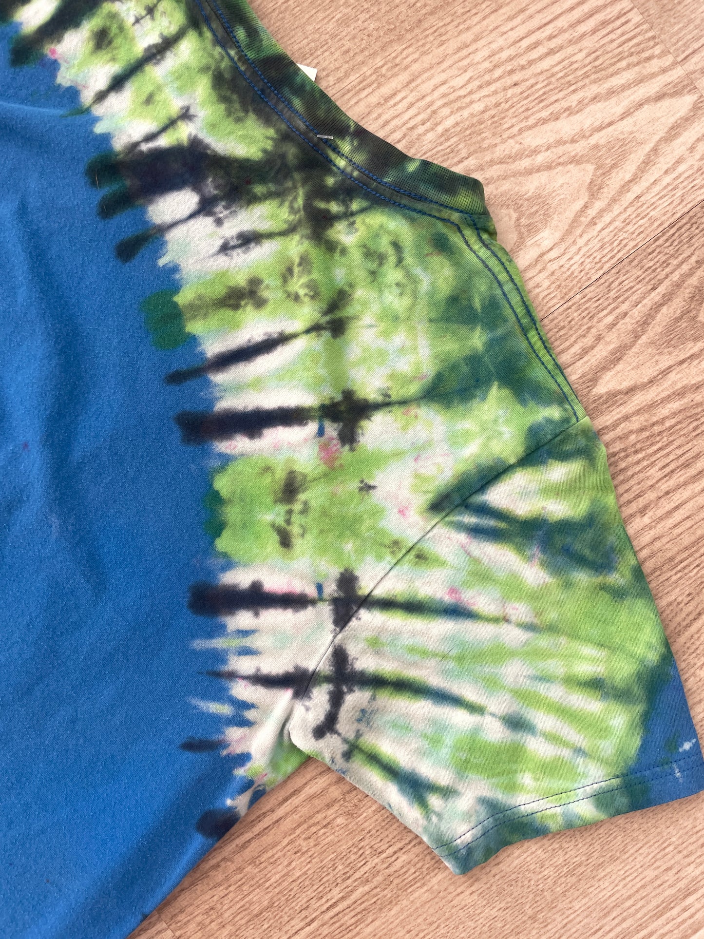 SMALL Men's Rick and Morty Reverse Tie Dye Handmade Short Sleeve T-Shirt | One-Of-a-Kind Upcycled Blue and Green Spiral Top