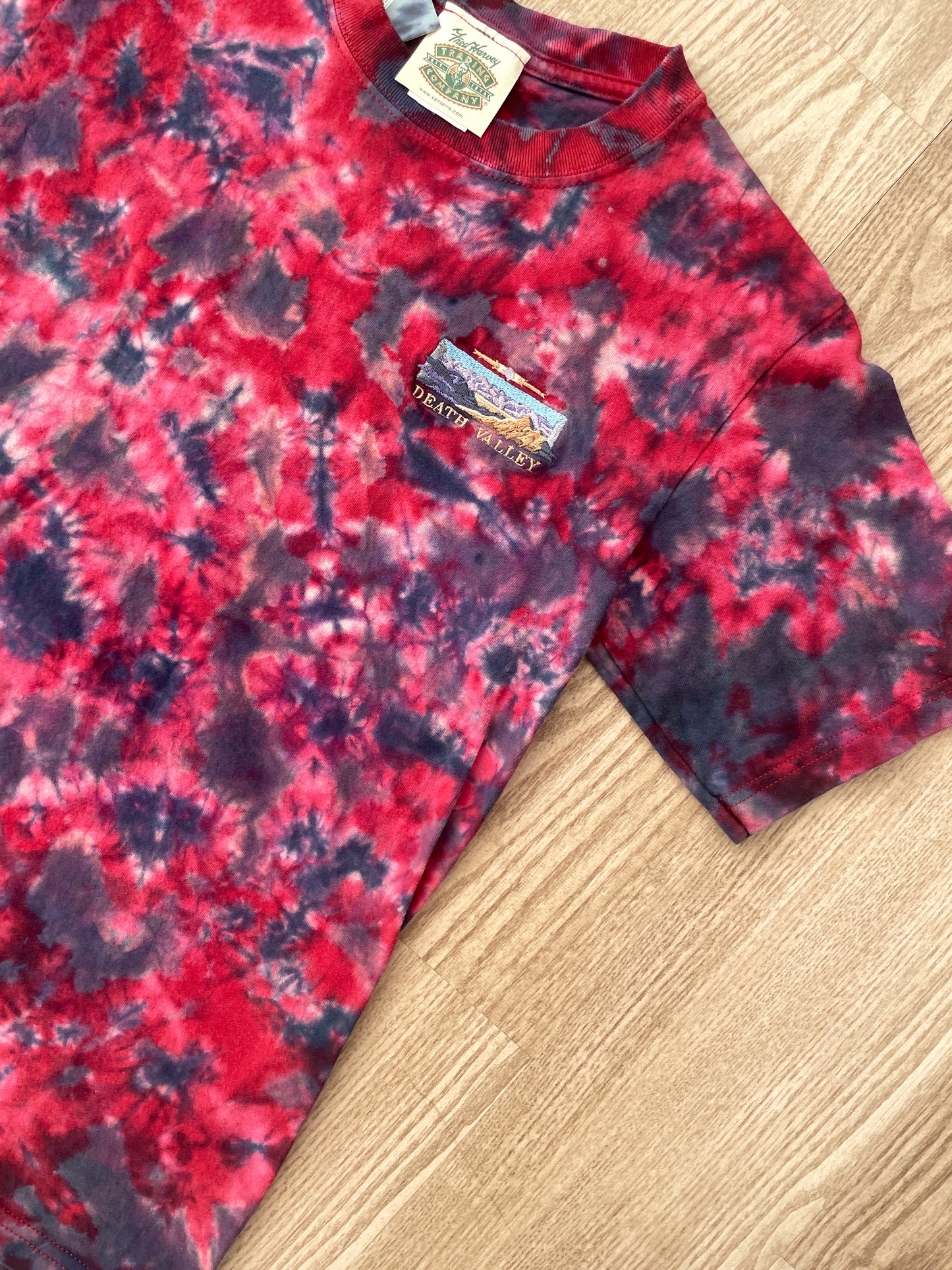 SMALL Men's Death Valley Embroidered Reverse Tie Dye Handmade Short Sleeve T-Shirt | One-Of-a-Kind Upcycled Red and Blue Crumpled Top