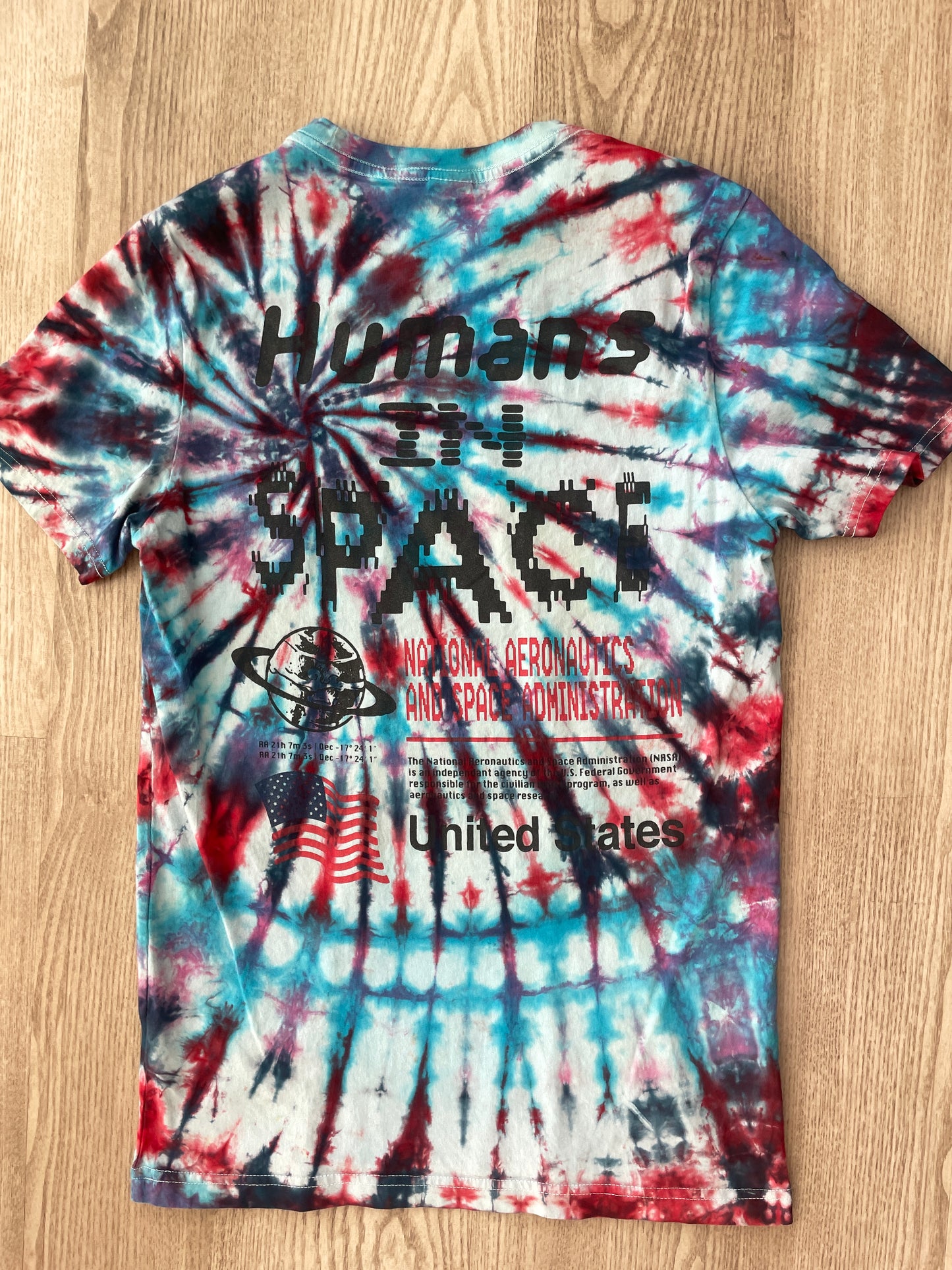 SMALL NASA Humans in Space Handmade Tie Dye Short Sleeve T-Shirt | One-Of-a-Kind Upcycled Red, White, and Blue Spiral Top