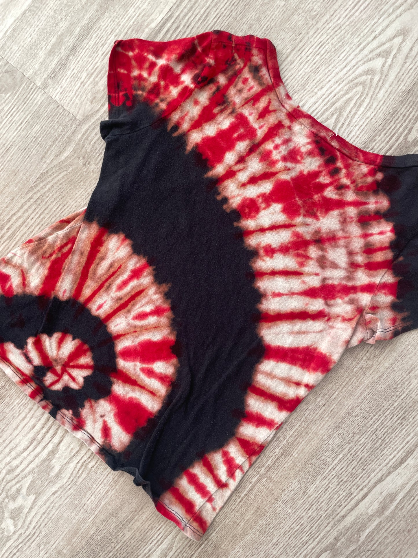SMALL Women's Rolling Stones Handmade Reverse Tie Dye Short Sleeve T-Shirt | One-Of-a-Kind Upcycled Red and Black Spiral Top