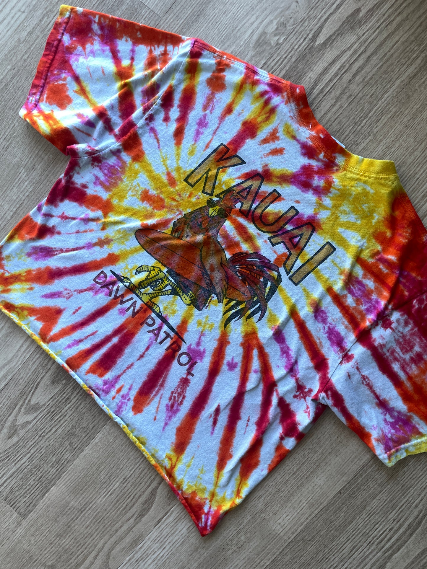 MEDIUM Men’s Kauai Dawn Patrol Handmade Reverse Tie Dye Short Sleeve Crop Top | One-Of-a-Kind Upcycled Pink, Orange, and Yellow Spiral Tee