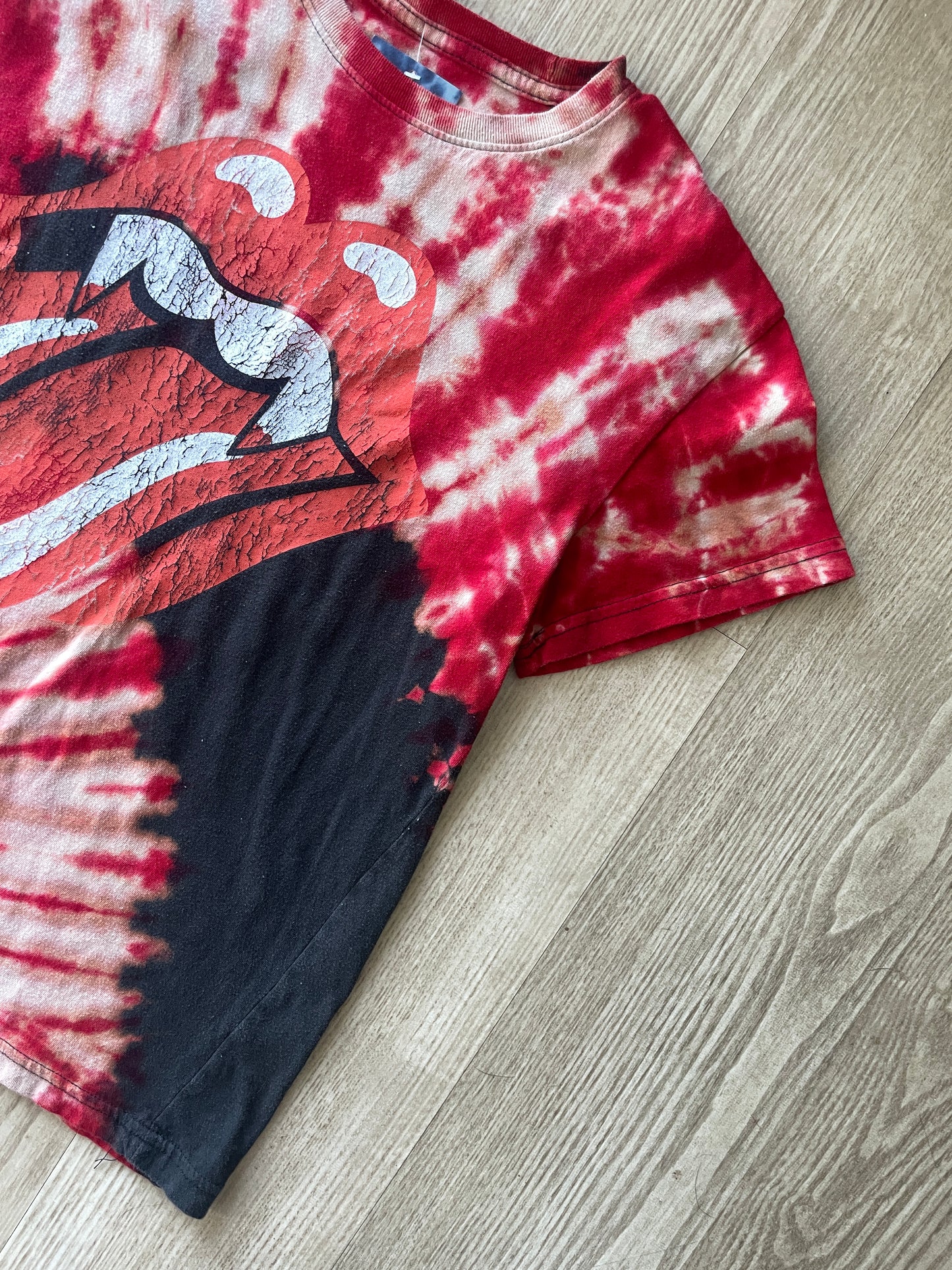 MEDIUM Women's Rolling Stones Hot Lips Handmade Reverse Tie Dye Short Sleeve T-Shirt | One-Of-a-Kind Upcycled Red and Black Spiral Top