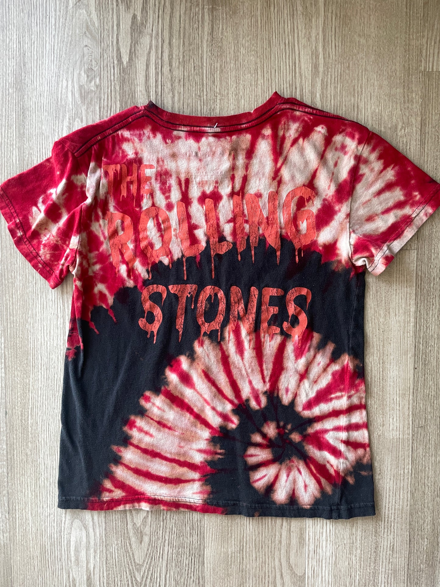 MEDIUM Women's Rolling Stones Hot Lips Handmade Reverse Tie Dye Short Sleeve T-Shirt | One-Of-a-Kind Upcycled Red and Black Spiral Top