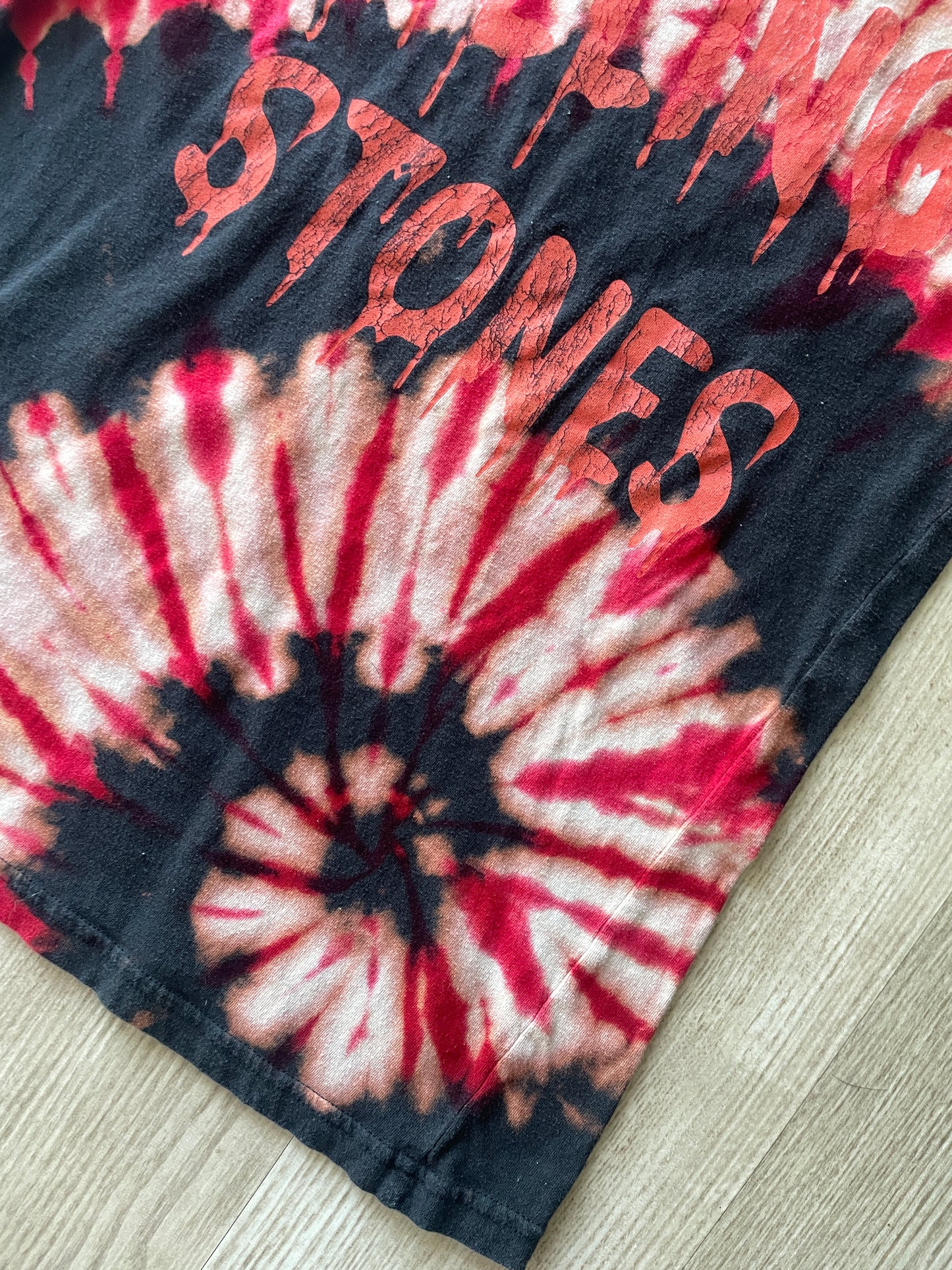 MEDIUM Women's Rolling Stones Hot Lips Handmade Reverse Tie Dye Short Sleeve T-Shirt | One-Of-a-Kind Upcycled Red and Black Spiral Top