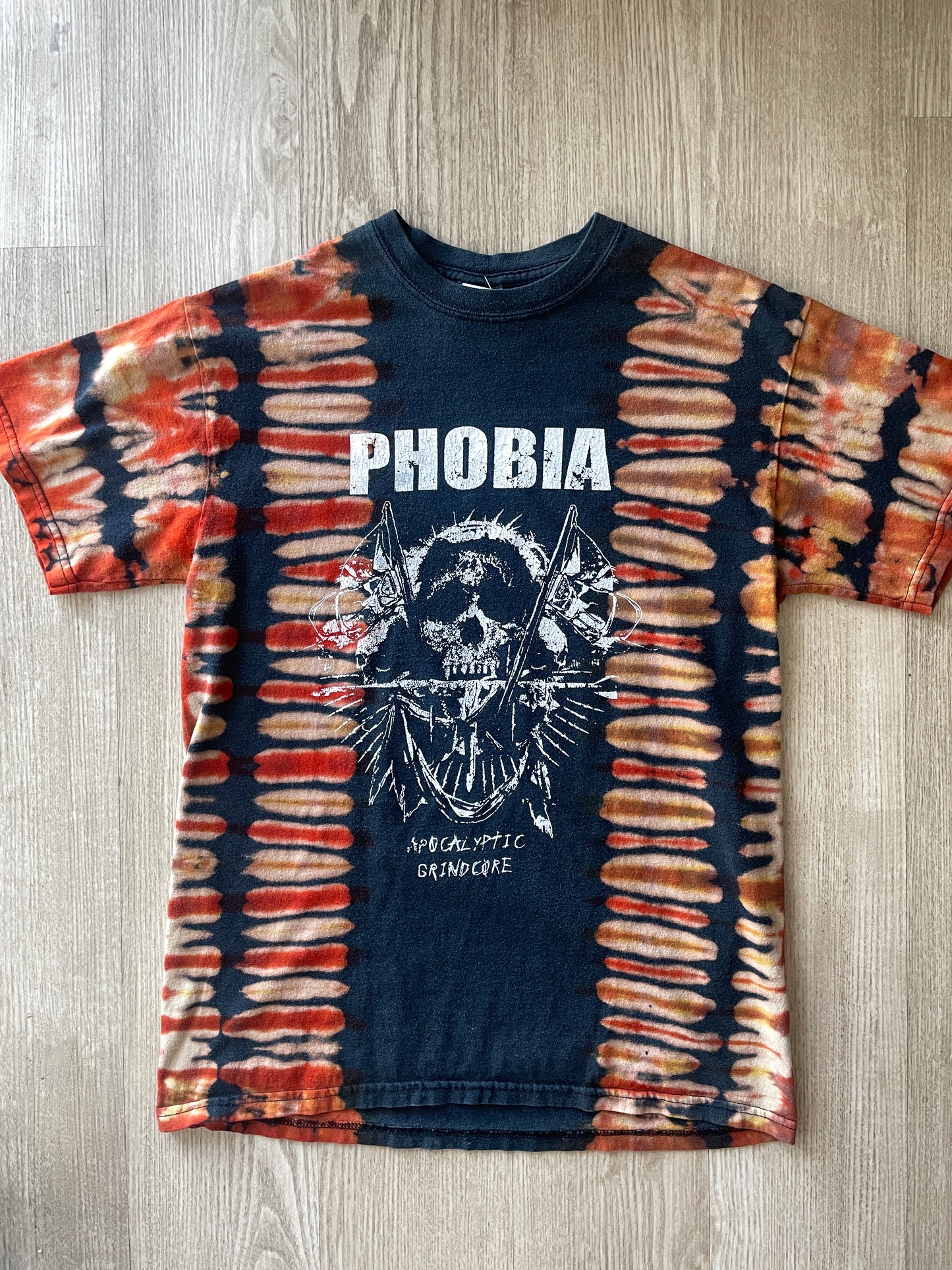 MEDIUM Men’s Phobia Apocalyptic Grindcore Handmade Bleach Tie Dye Short Sleeve T-Shirt | One-Of-a-Kind Upcycled Black and Orange Pleated Top
