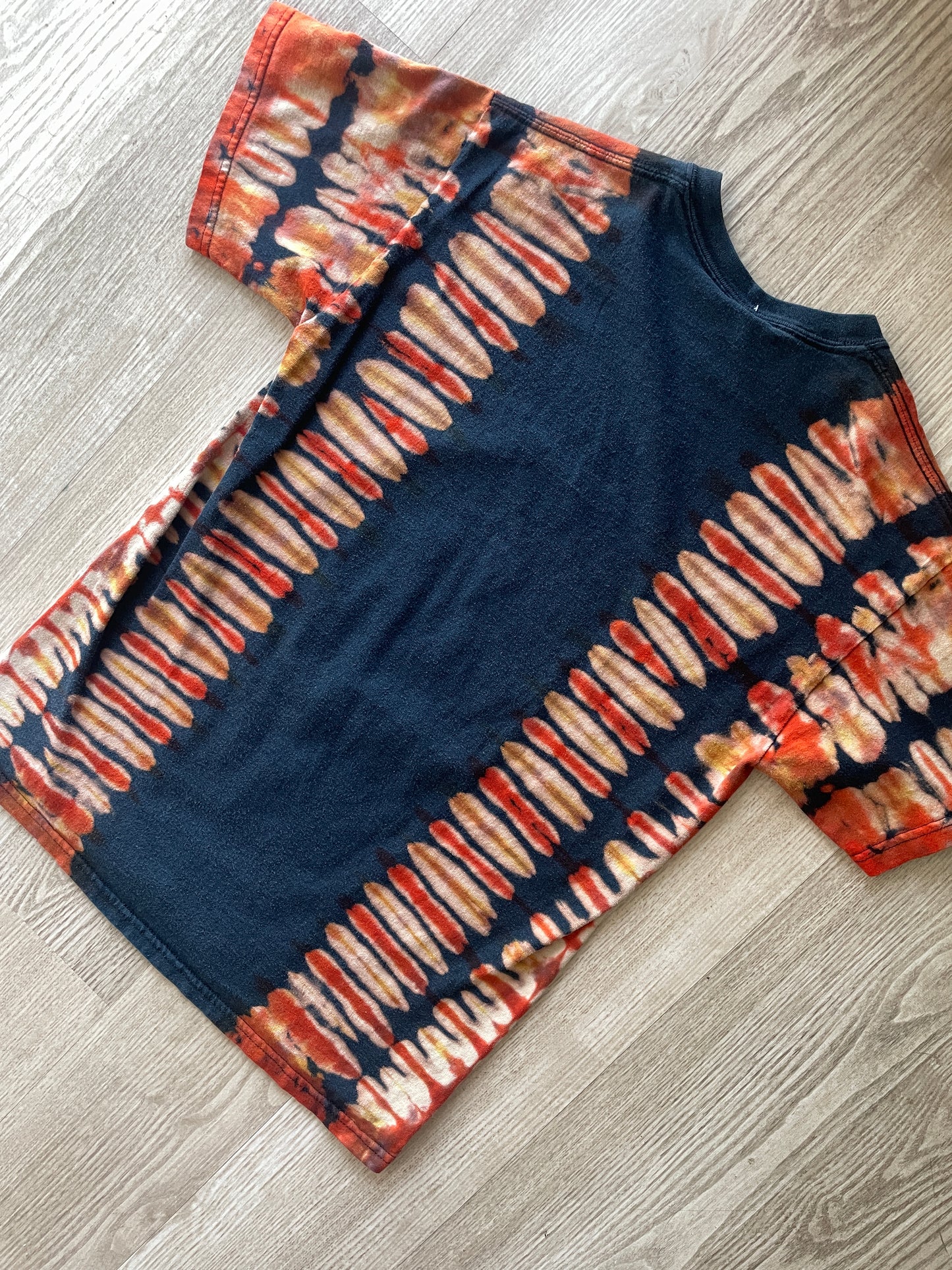 MEDIUM Men’s Phobia Apocalyptic Grindcore Handmade Bleach Tie Dye Short Sleeve T-Shirt | One-Of-a-Kind Upcycled Black and Orange Pleated Top