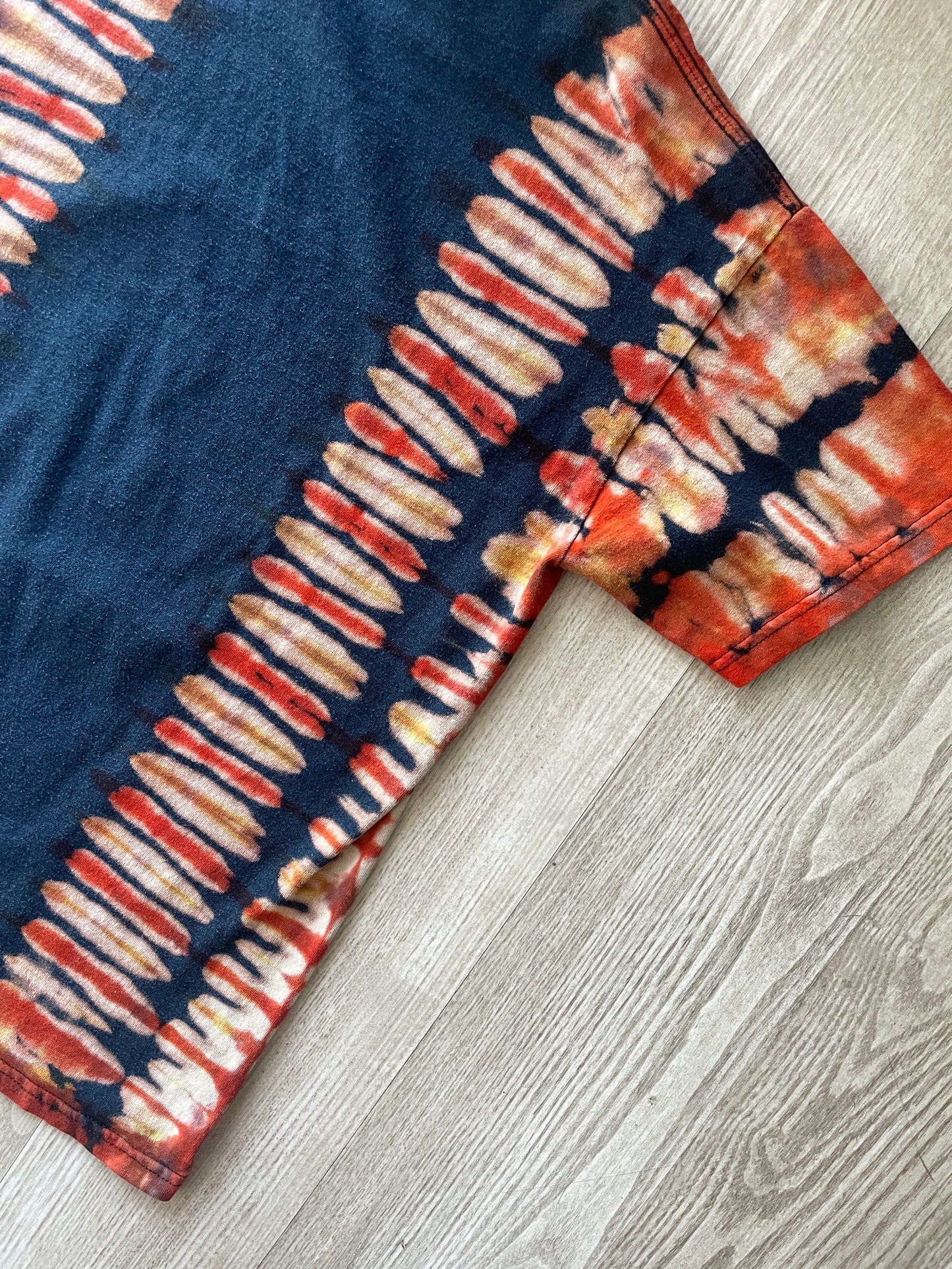 MEDIUM Men’s Phobia Apocalyptic Grindcore Handmade Bleach Tie Dye Short Sleeve T-Shirt | One-Of-a-Kind Upcycled Black and Orange Pleated Top