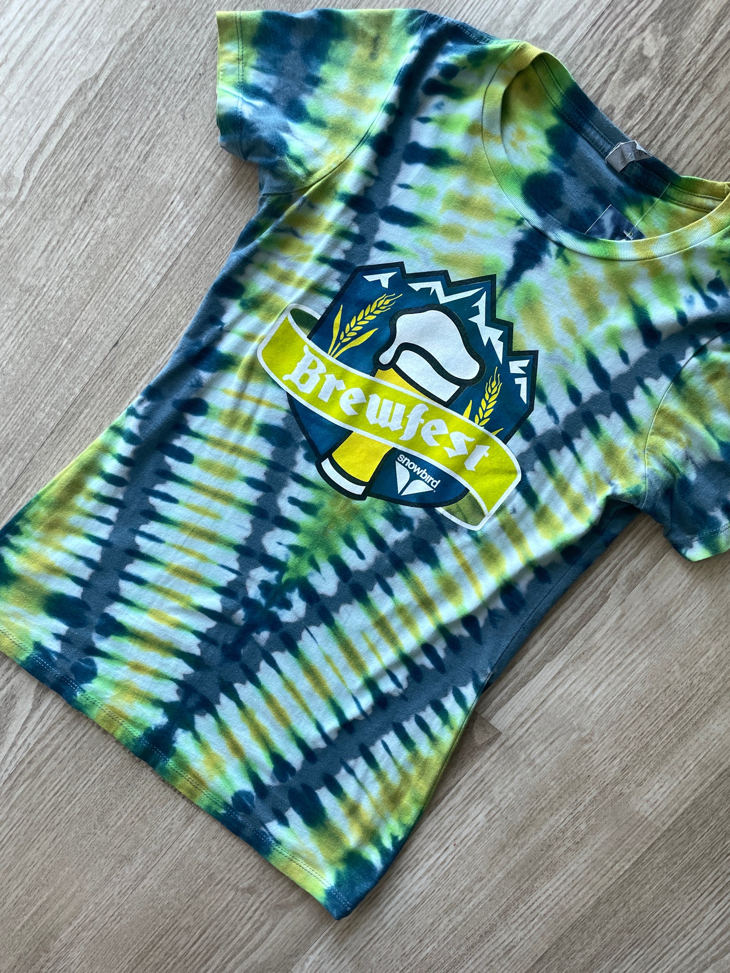 MEDIUM Women's Life is Brewtiful Snowbird Brewfest Handmade Reverse Tie Dye Short Sleeve T-Shirt | One-Of-a-Kind Upcycled Blue and Green Top