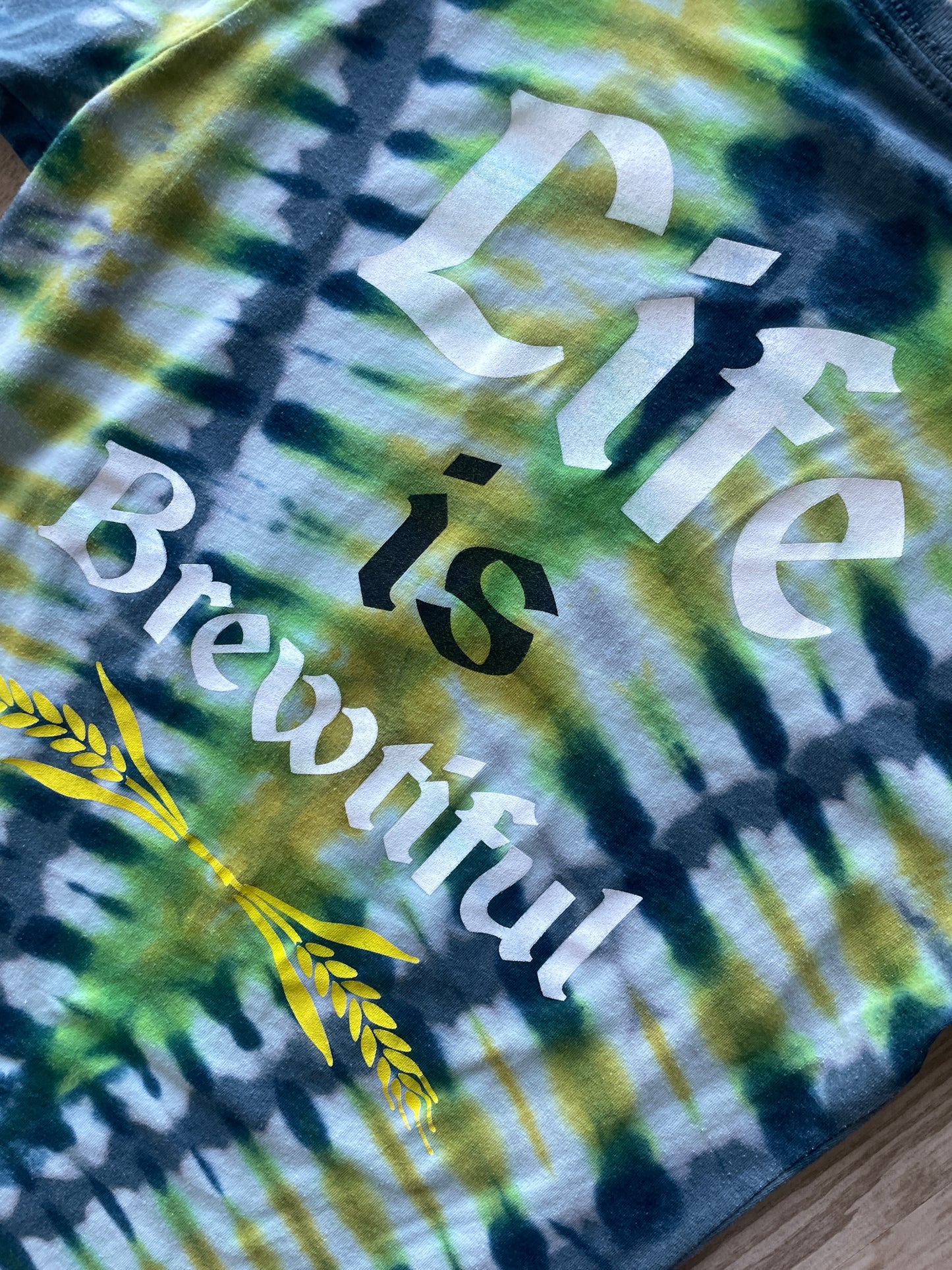 MEDIUM Women's Life is Brewtiful Snowbird Brewfest Handmade Reverse Tie Dye Short Sleeve T-Shirt | One-Of-a-Kind Upcycled Blue and Green Top