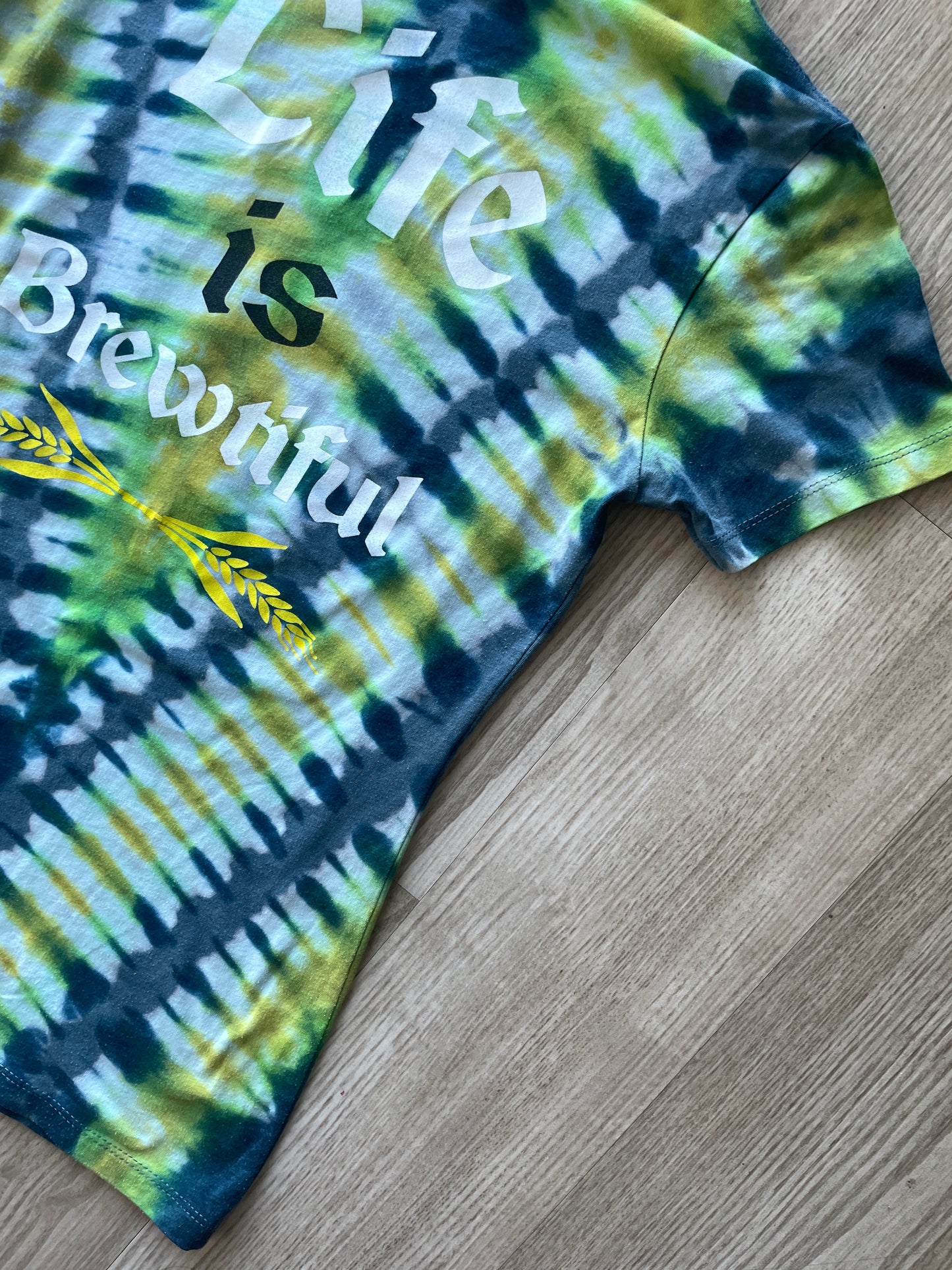 MEDIUM Women's Life is Brewtiful Snowbird Brewfest Handmade Reverse Tie Dye Short Sleeve T-Shirt | One-Of-a-Kind Upcycled Blue and Green Top