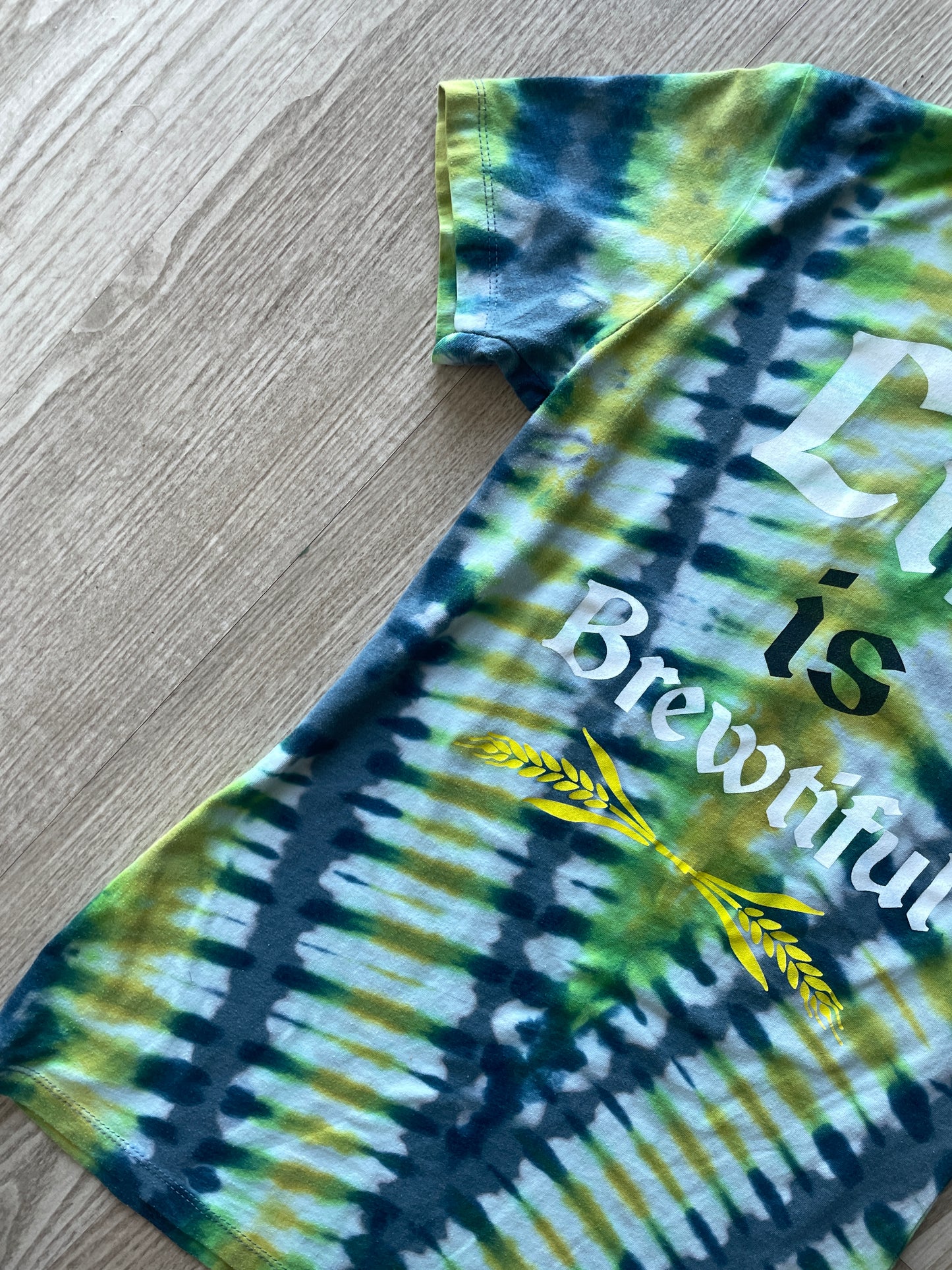 MEDIUM Women's Life is Brewtiful Snowbird Brewfest Handmade Reverse Tie Dye Short Sleeve T-Shirt | One-Of-a-Kind Upcycled Blue and Green Top
