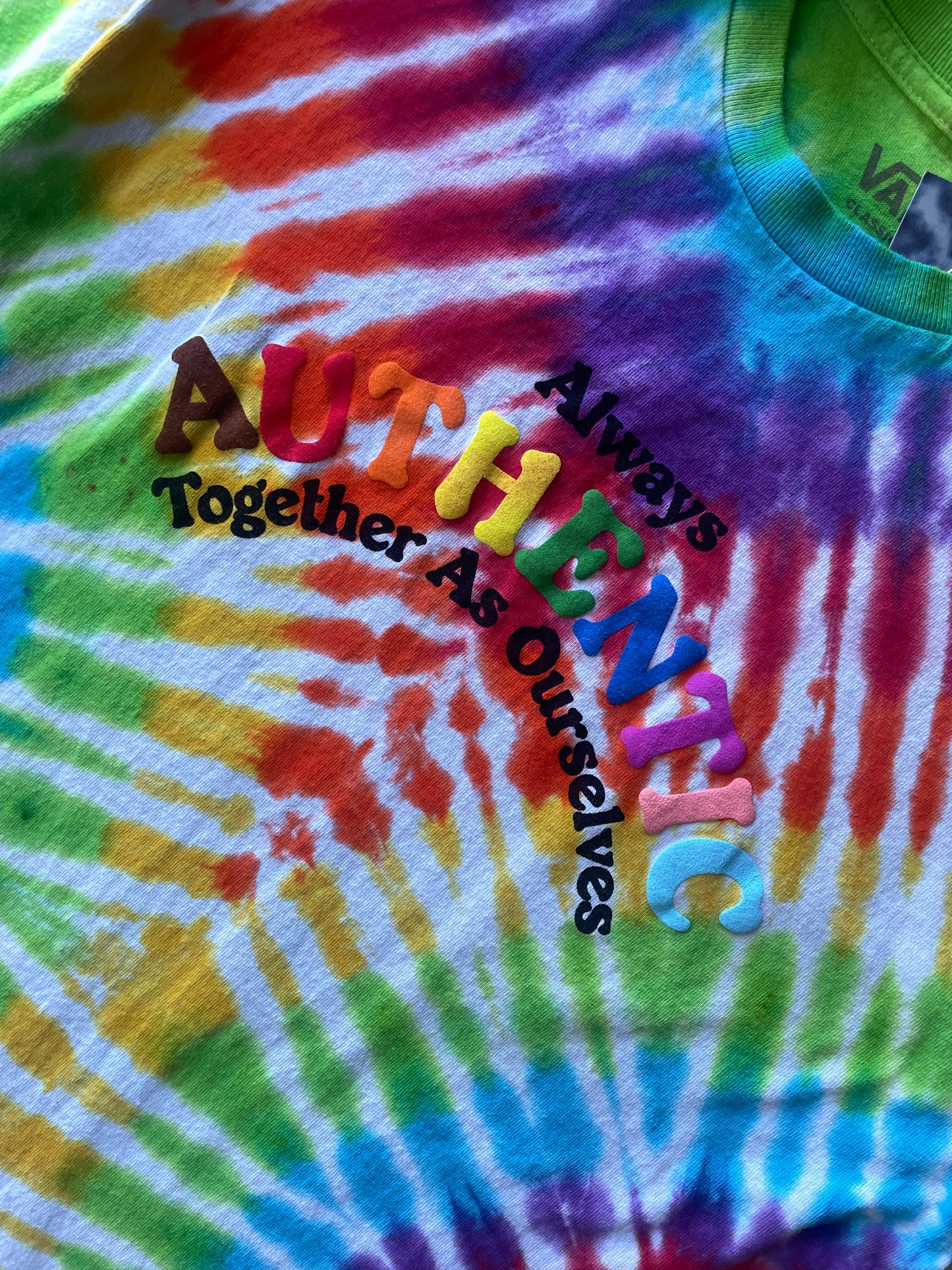 MEDIUM Men’s Vans Pride Authentic Together as Ourselves Handmade Tie Dye Short Sleeve T-Shirt | One-Of-a-Kind Upcycled Rainbow Pleated Top