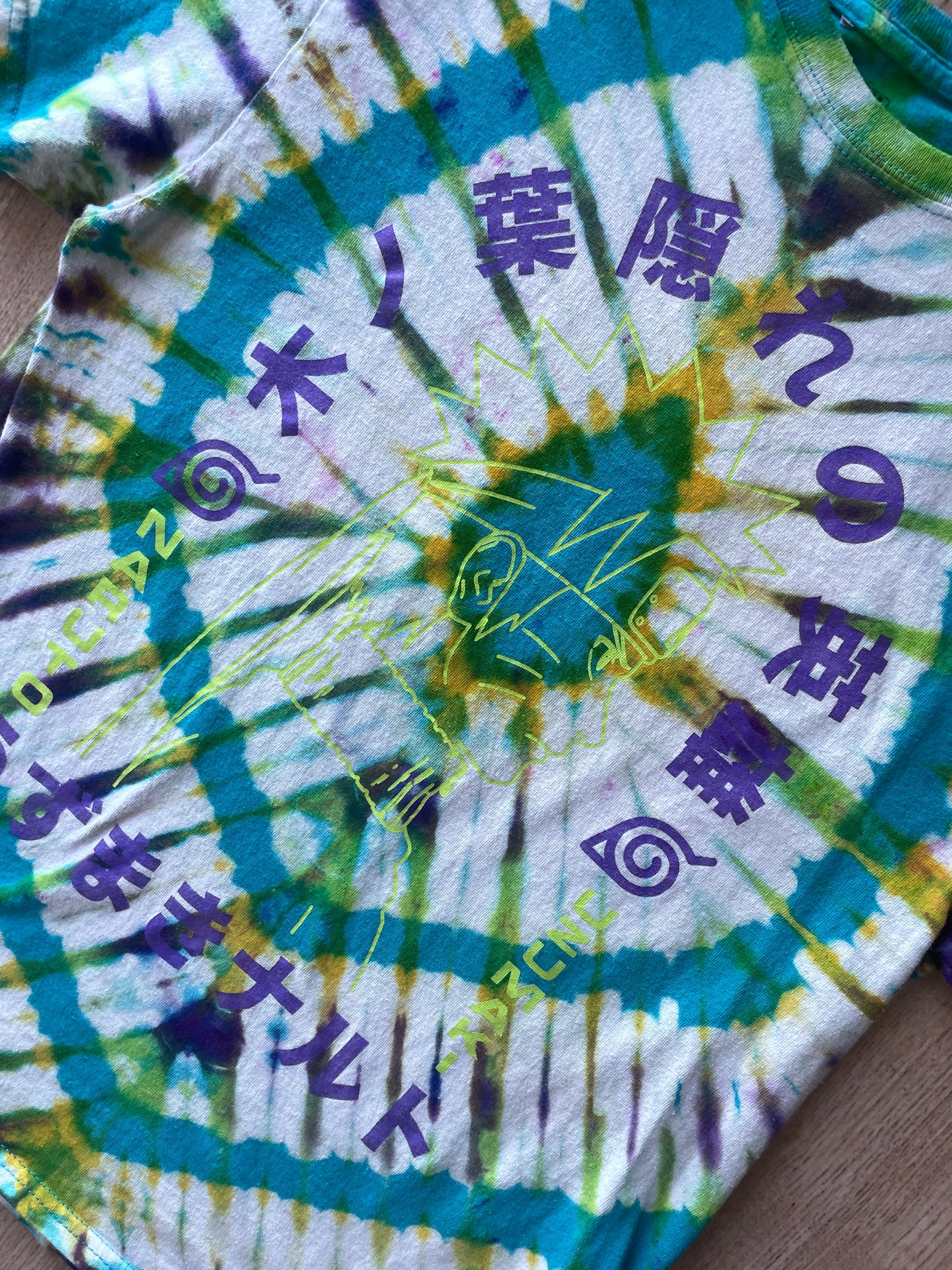 MEDIUM Men’s Naruto: Shippuden Handmade Reverse Tie Dye Short Sleeve T-Shirt | One-Of-a-Kind Upcycled Blue and White Pleated Top