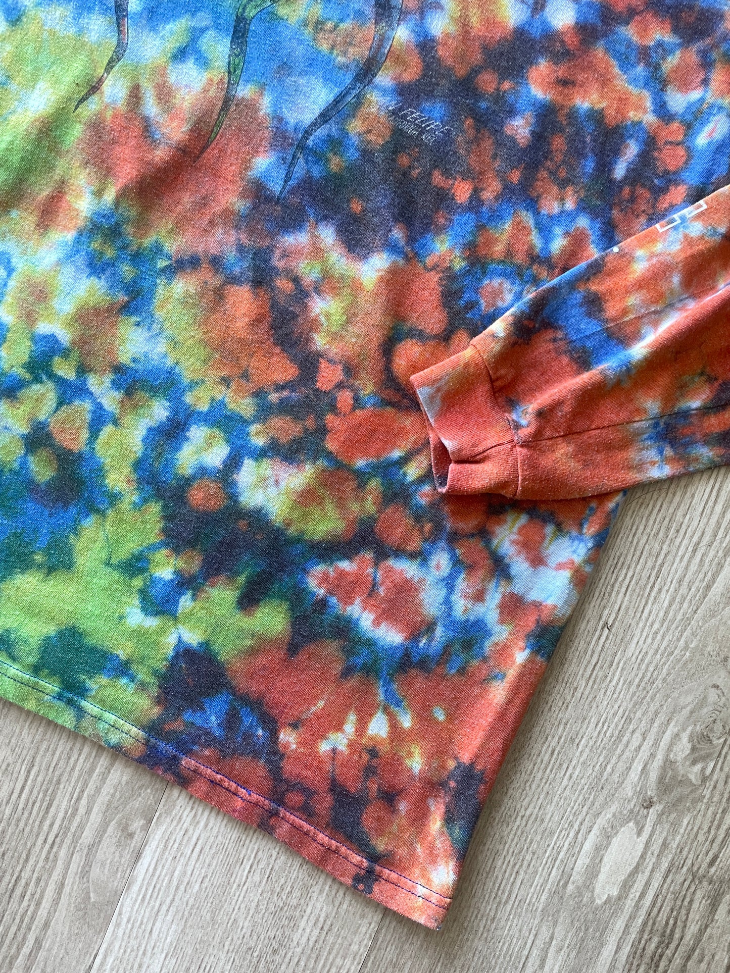 2XL Men's No Bad Days Lizard San Felipe MX Handmade Reverse Tie Dye Long Sleeve Sleeve T-Shirt | One-Of-a-Kind Upcycled Orange and Green Top