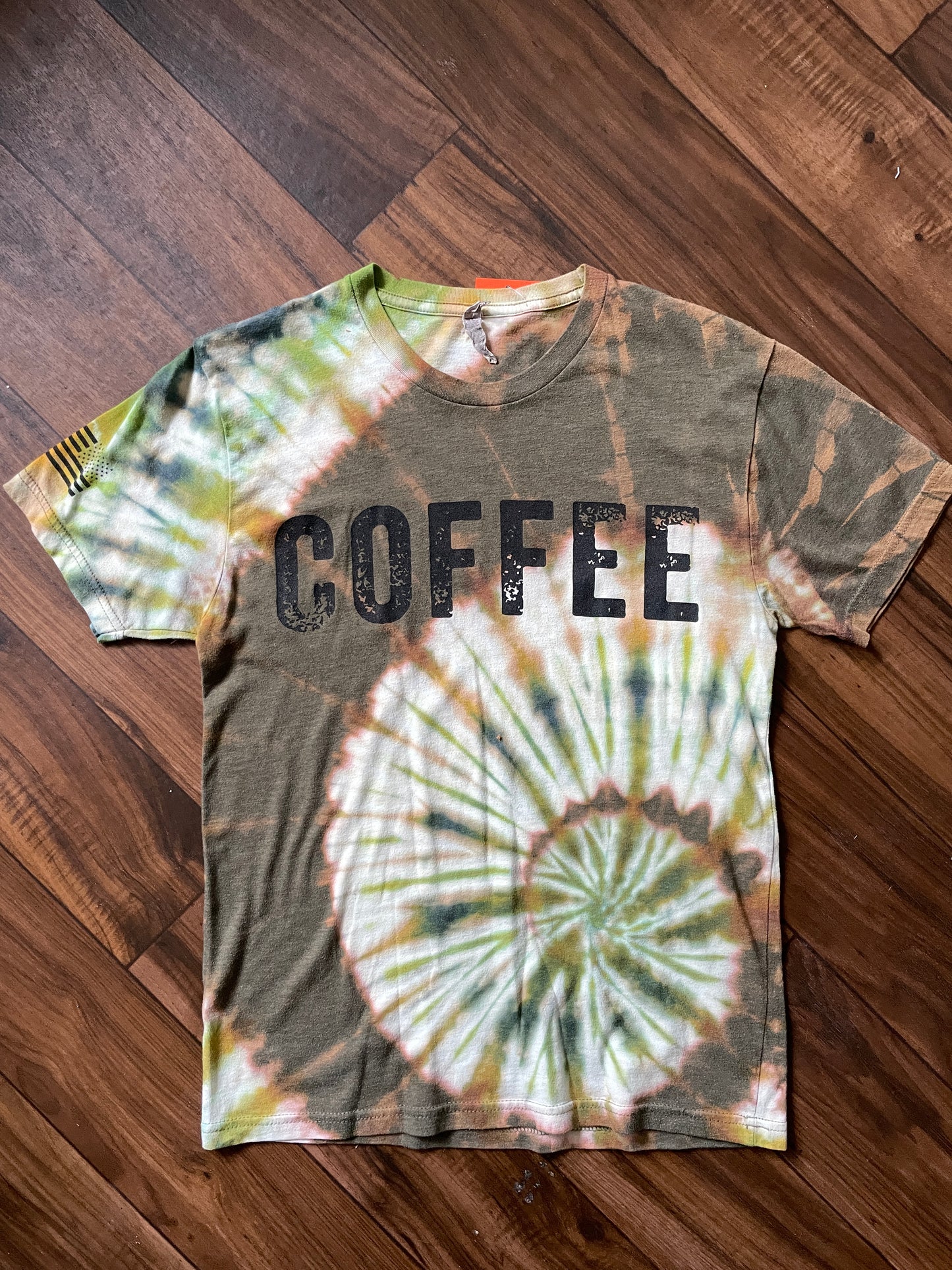 Medium Men's Black Rifle COFFEE Company Handmade Reverse Tie Dye Short Sleeve T-Shirt | One-Of-a-Kind Upcycled Brown and Green Spiral Tie Dye Top