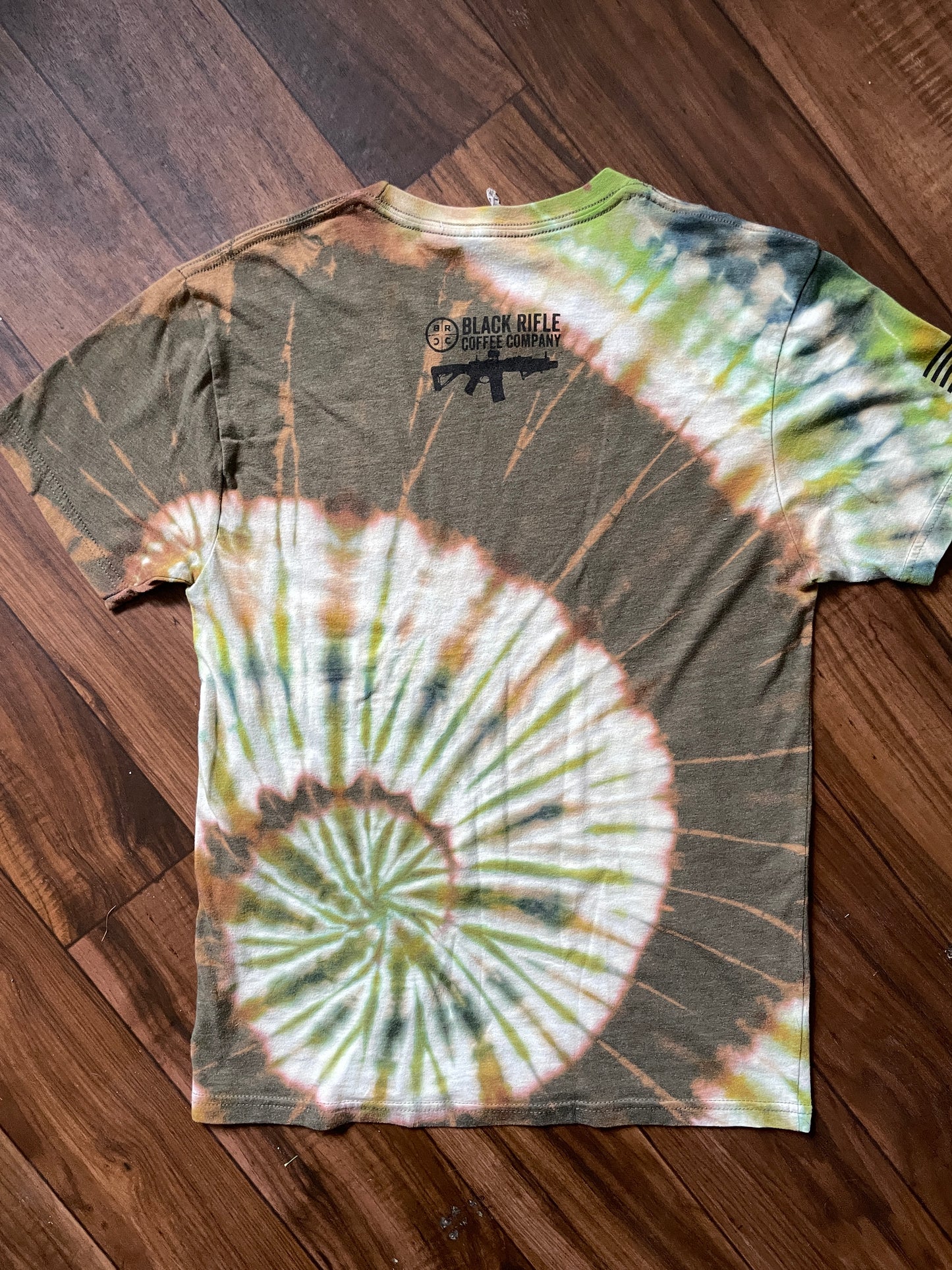 Medium Men's Black Rifle COFFEE Company Handmade Reverse Tie Dye Short Sleeve T-Shirt | One-Of-a-Kind Upcycled Brown and Green Spiral Tie Dye Top