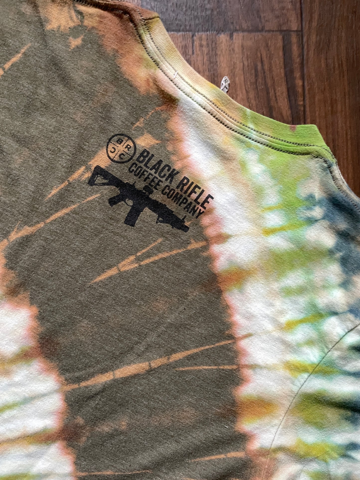 Medium Men's Black Rifle COFFEE Company Handmade Reverse Tie Dye Short Sleeve T-Shirt | One-Of-a-Kind Upcycled Brown and Green Spiral Tie Dye Top