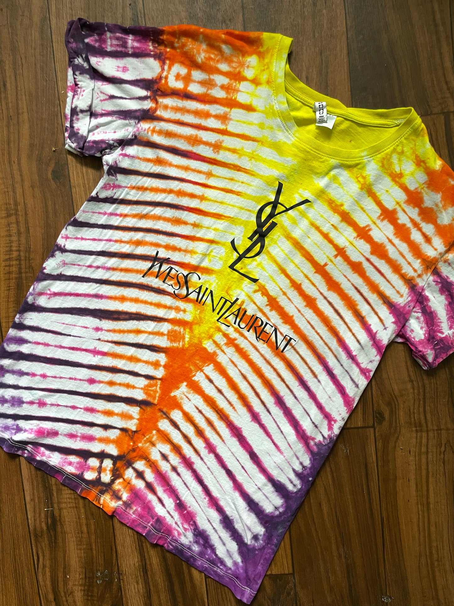 Medium Women's Yves Saint Laurent Handmade Tie Dye Short Sleeve T-Shirt | One-Of-a-Kind Upcycled Pink, Orange, and Yellow Pleated Tie Dye Top